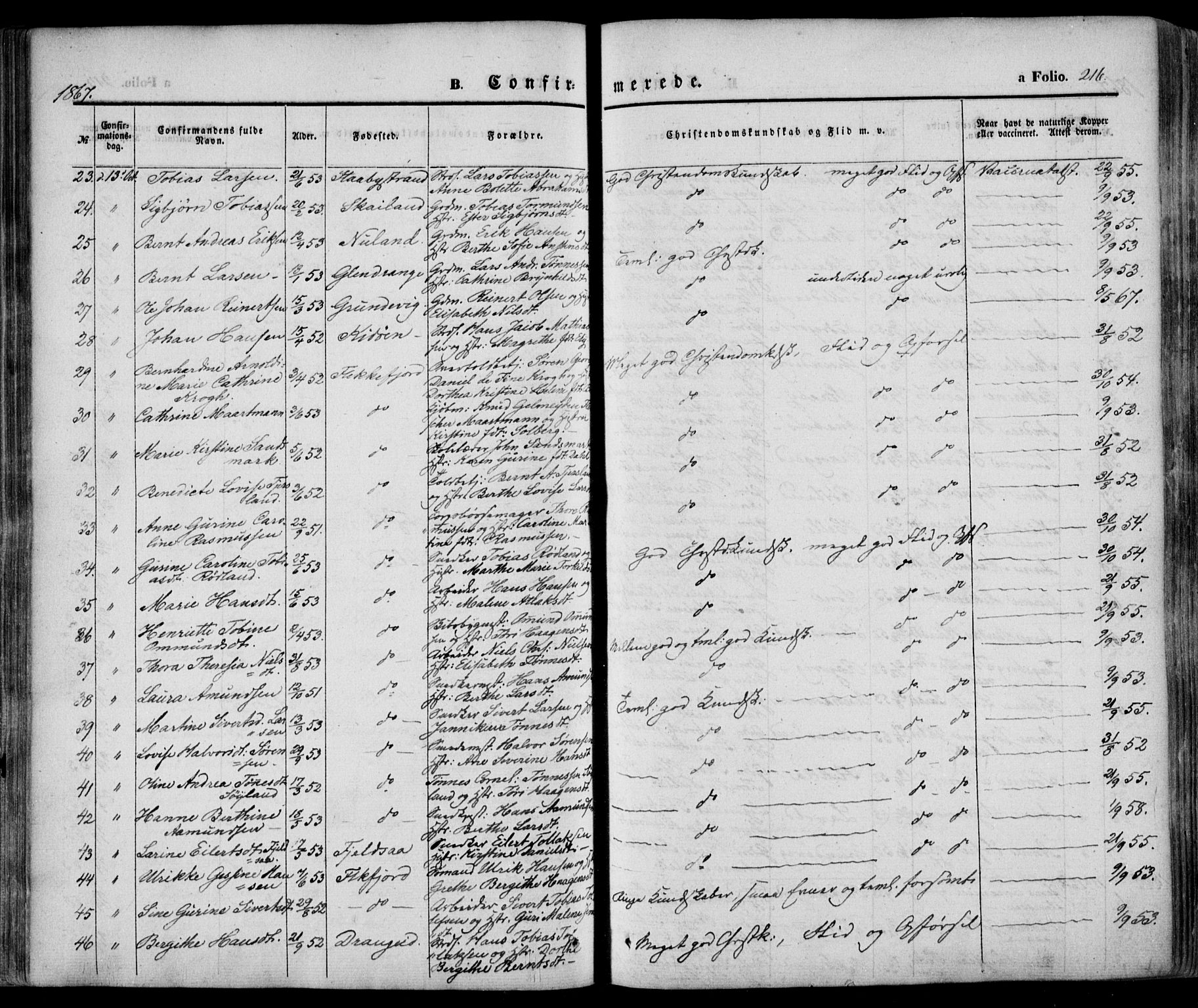 Flekkefjord sokneprestkontor, SAK/1111-0012/F/Fa/Fac/L0005: Parish register (official) no. A 5, 1849-1875, p. 216