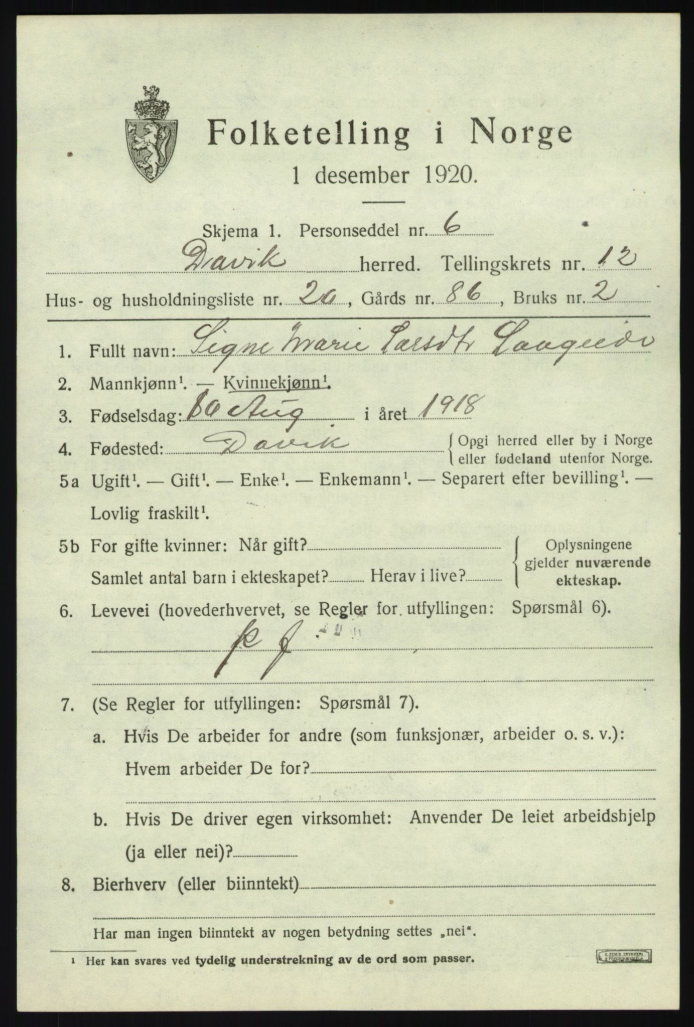 SAB, 1920 census for Davik, 1920, p. 6053