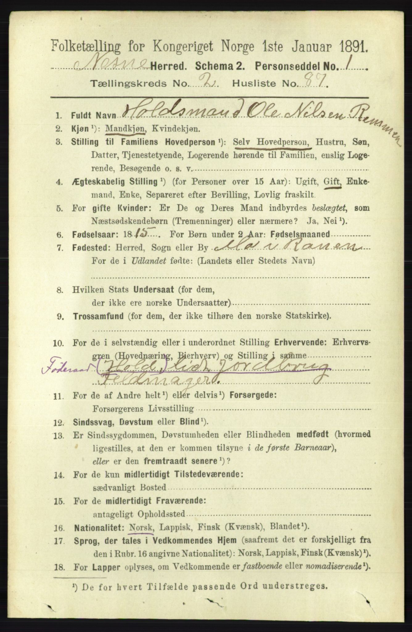 RA, 1891 census for 1828 Nesna, 1891, p. 1400