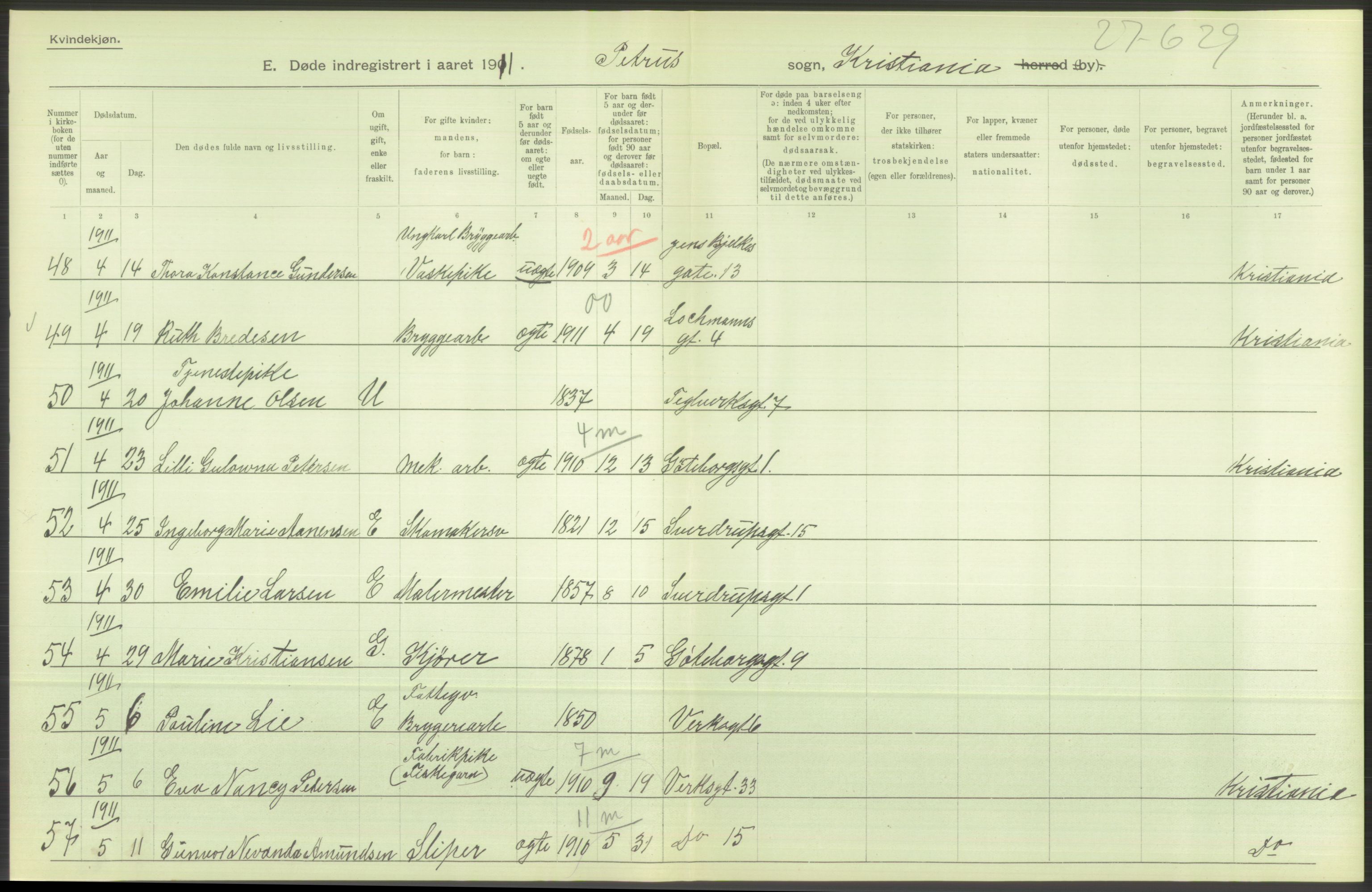 Statistisk sentralbyrå, Sosiodemografiske emner, Befolkning, RA/S-2228/D/Df/Dfb/Dfba/L0010: Kristiania: Døde kvinner samt dødfødte., 1911, p. 410