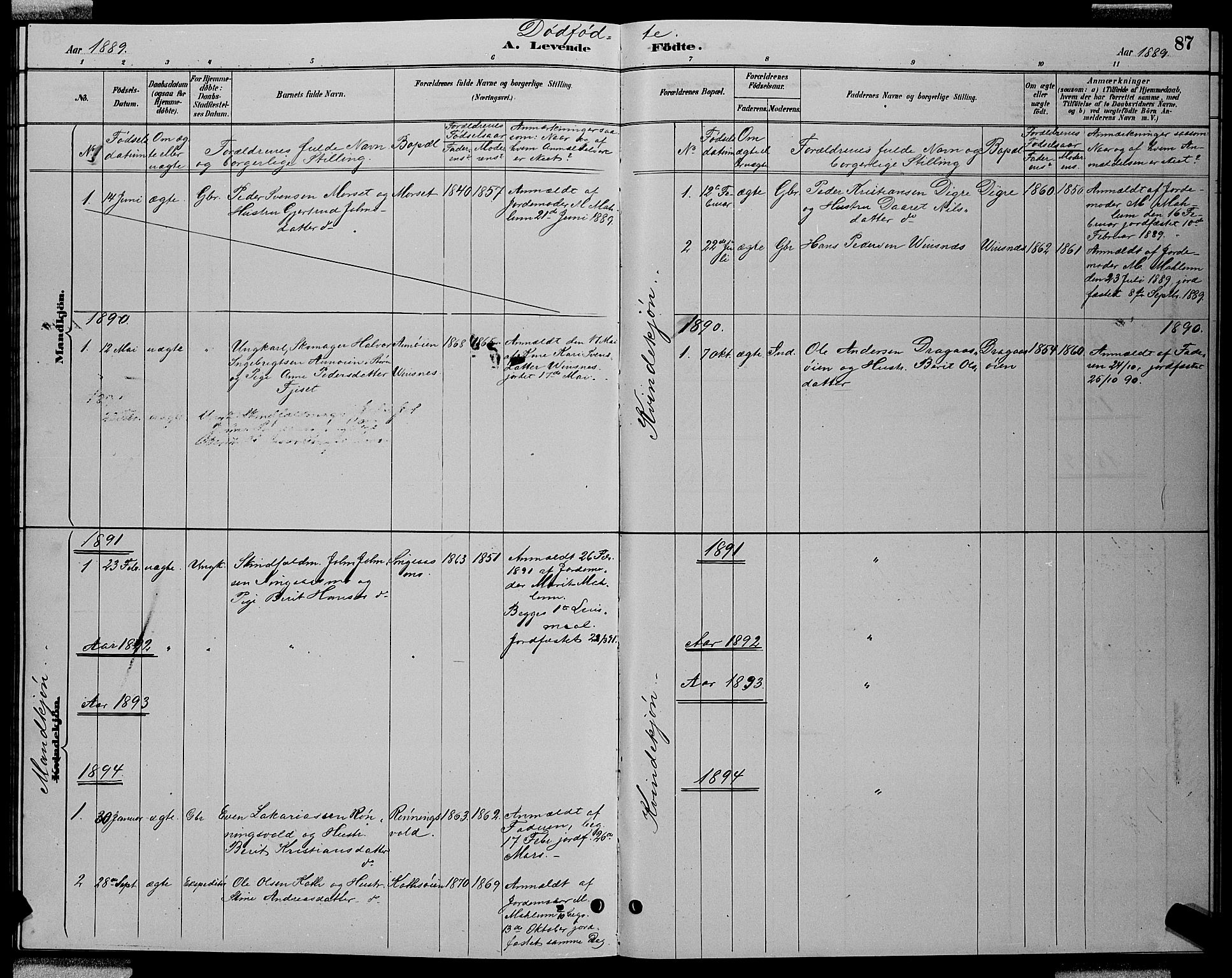 Ministerialprotokoller, klokkerbøker og fødselsregistre - Sør-Trøndelag, SAT/A-1456/688/L1028: Parish register (copy) no. 688C03, 1889-1899, p. 87