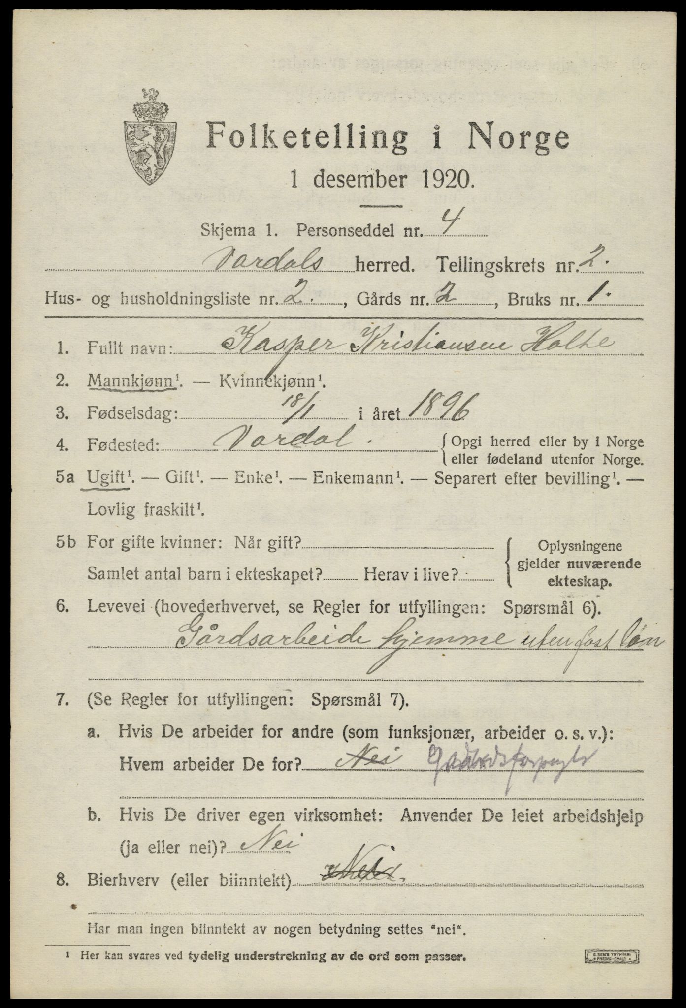 SAH, 1920 census for Vardal, 1920, p. 2451