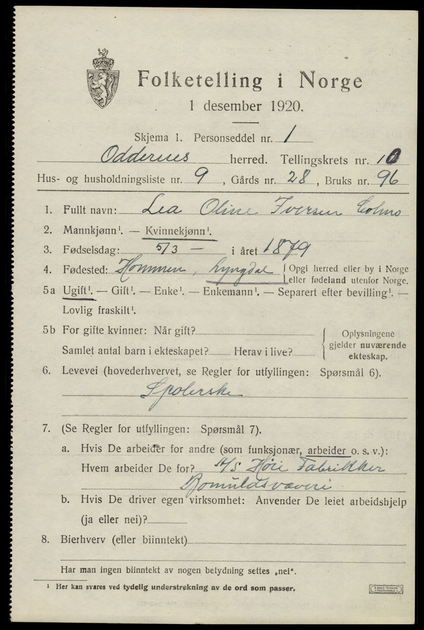 SAK, 1920 census for Oddernes, 1920, p. 6459