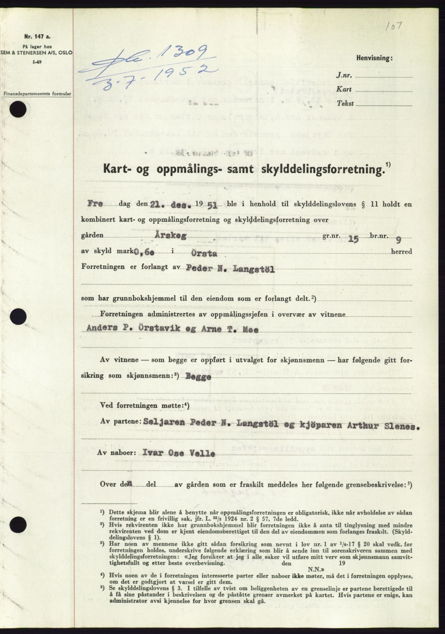 Søre Sunnmøre sorenskriveri, AV/SAT-A-4122/1/2/2C/L0092: Mortgage book no. 18A, 1952-1952, Diary no: : 1309/1952