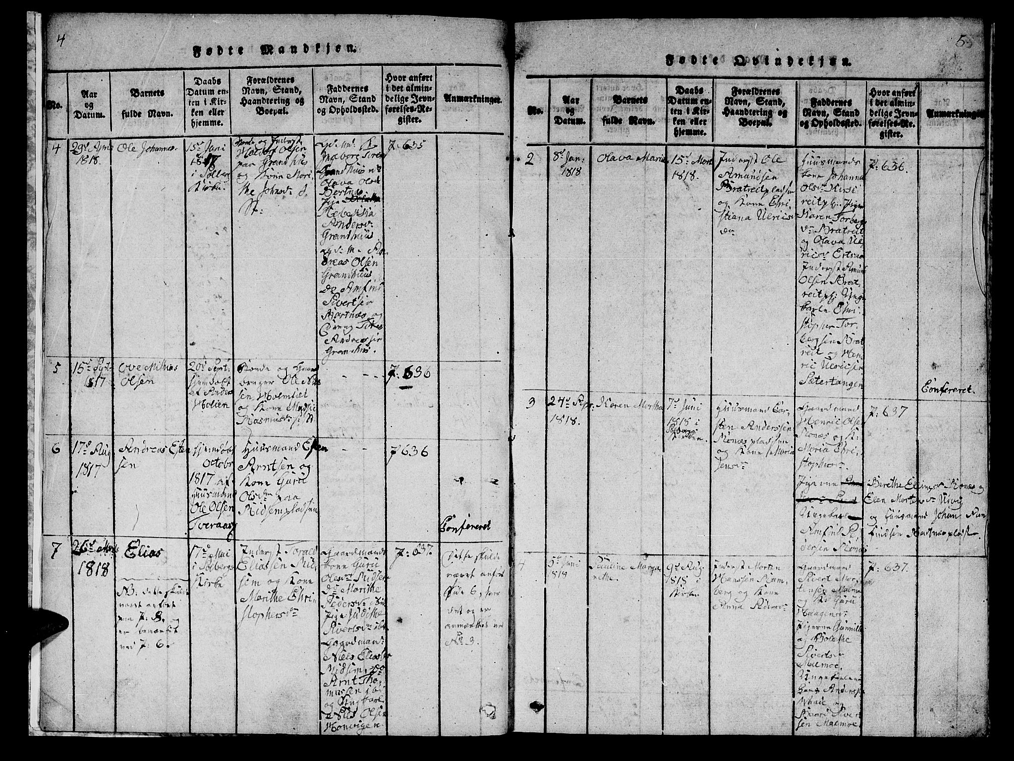 Ministerialprotokoller, klokkerbøker og fødselsregistre - Nord-Trøndelag, SAT/A-1458/745/L0433: Parish register (copy) no. 745C02, 1817-1825, p. 4-5