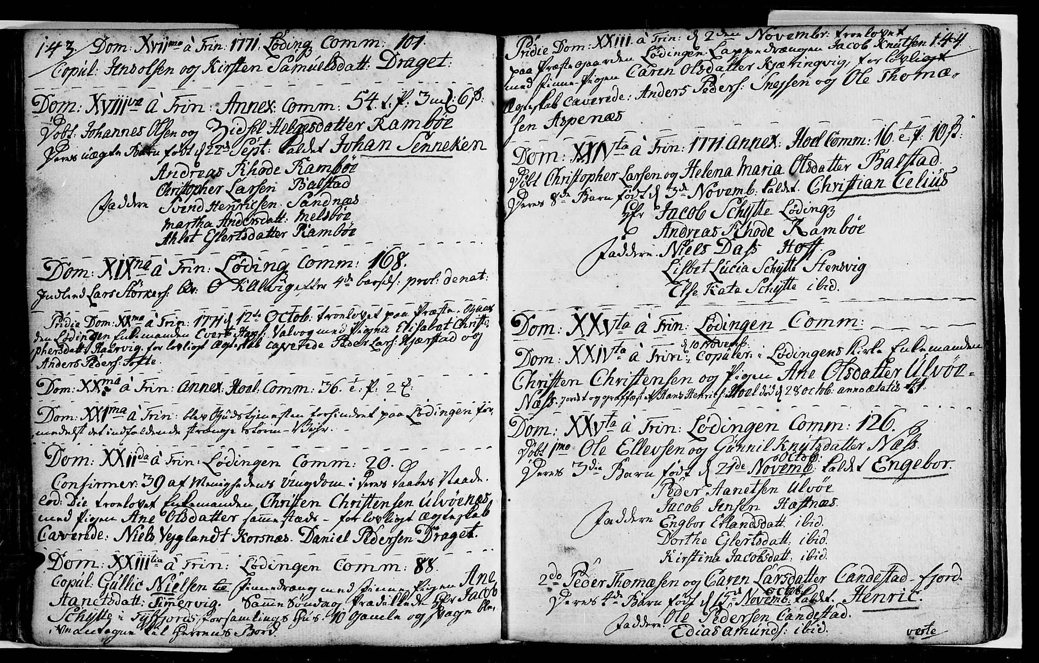 Ministerialprotokoller, klokkerbøker og fødselsregistre - Nordland, SAT/A-1459/872/L1029: Parish register (official) no. 872A04, 1765-1787, p. 143-144