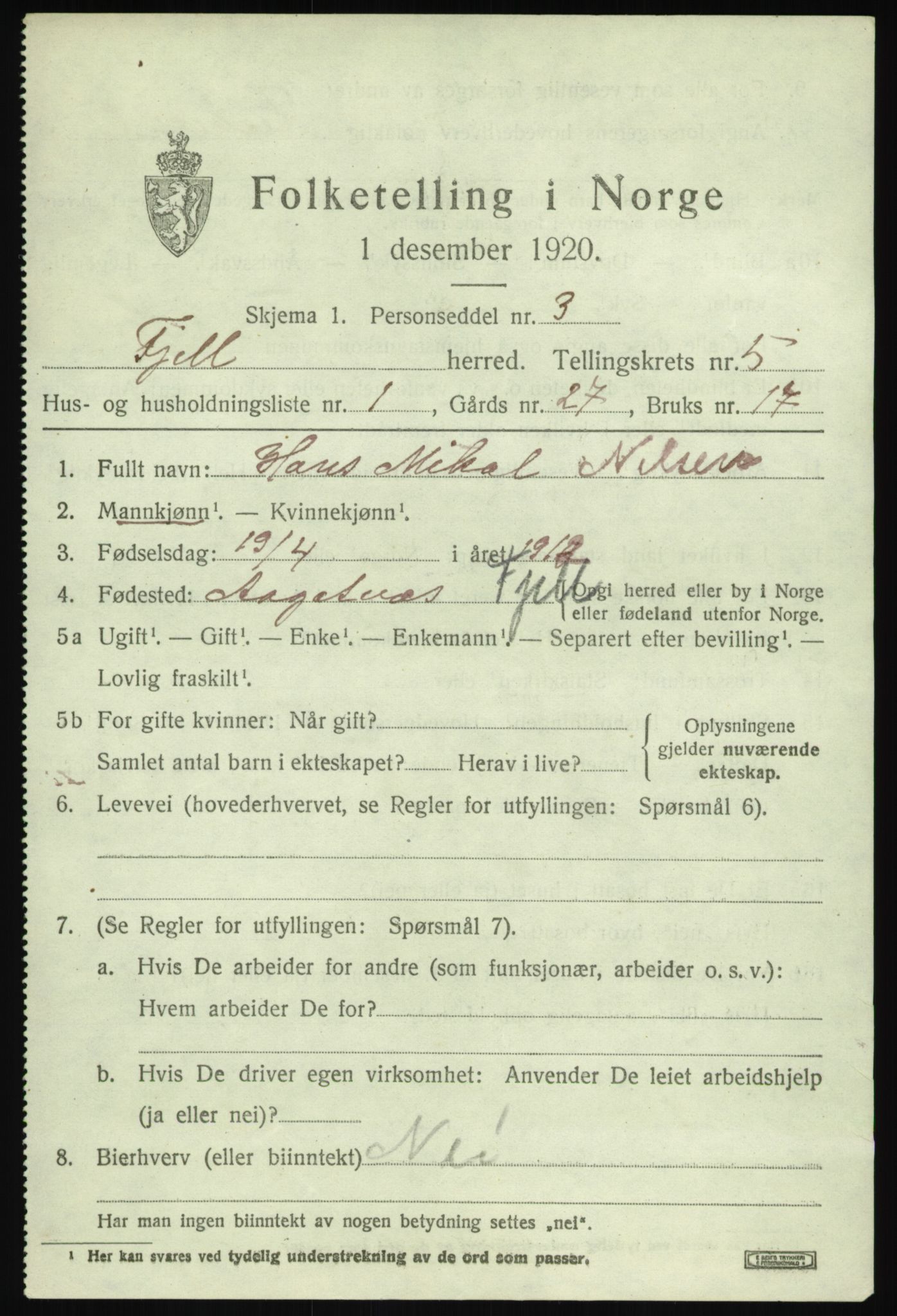 SAB, 1920 census for Fjell, 1920, p. 4446