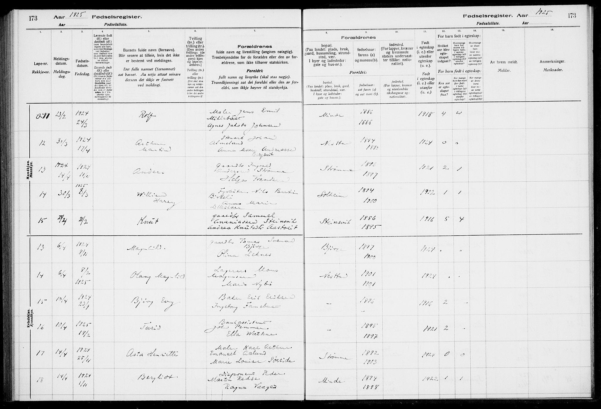 Birkeland Sokneprestembete, AV/SAB-A-74601/I/Id/L00A1: Birth register no. A 1, 1916-1926, p. 173