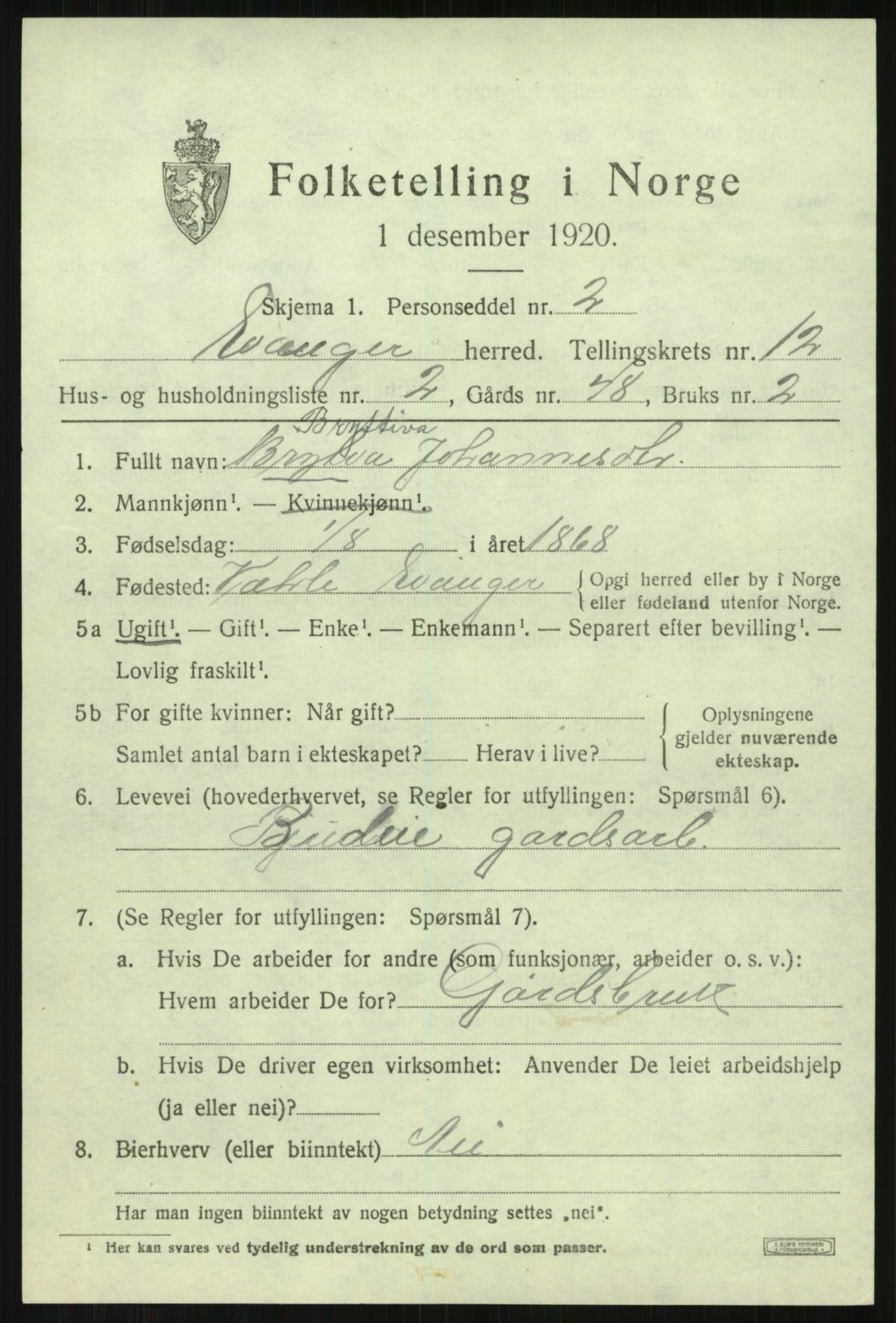 SAB, 1920 census for Evanger, 1920, p. 3661