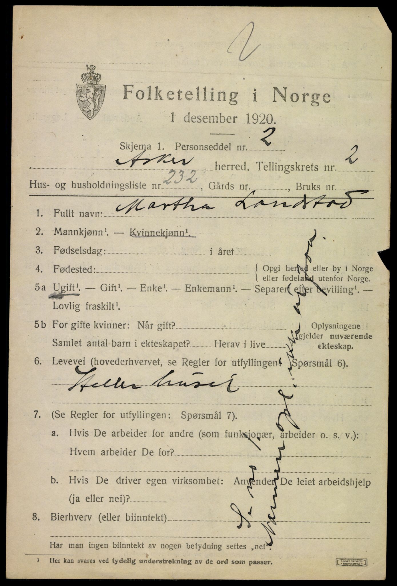 SAO, 1920 census for Asker, 1920, p. 8174