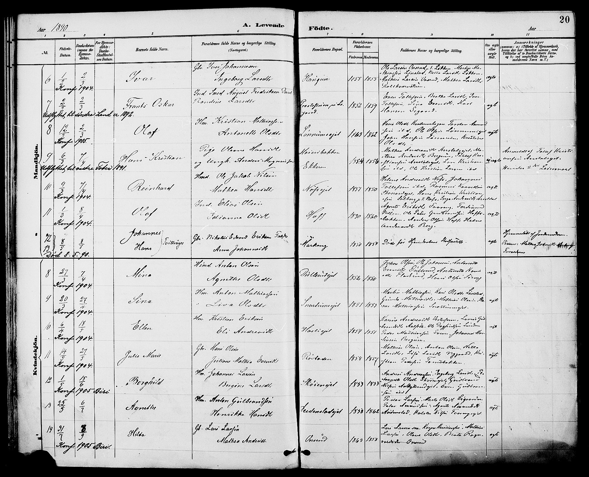 Biri prestekontor, AV/SAH-PREST-096/H/Ha/Haa/L0007: Parish register (official) no. 7, 1887-1893, p. 20