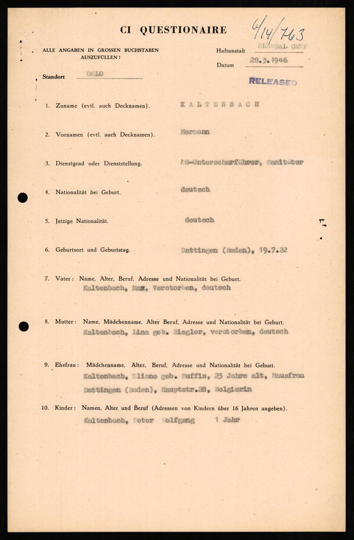 Forsvaret, Forsvarets overkommando II, AV/RA-RAFA-3915/D/Db/L0015: CI Questionaires. Tyske okkupasjonsstyrker i Norge. Tyskere., 1945-1946, p. 326