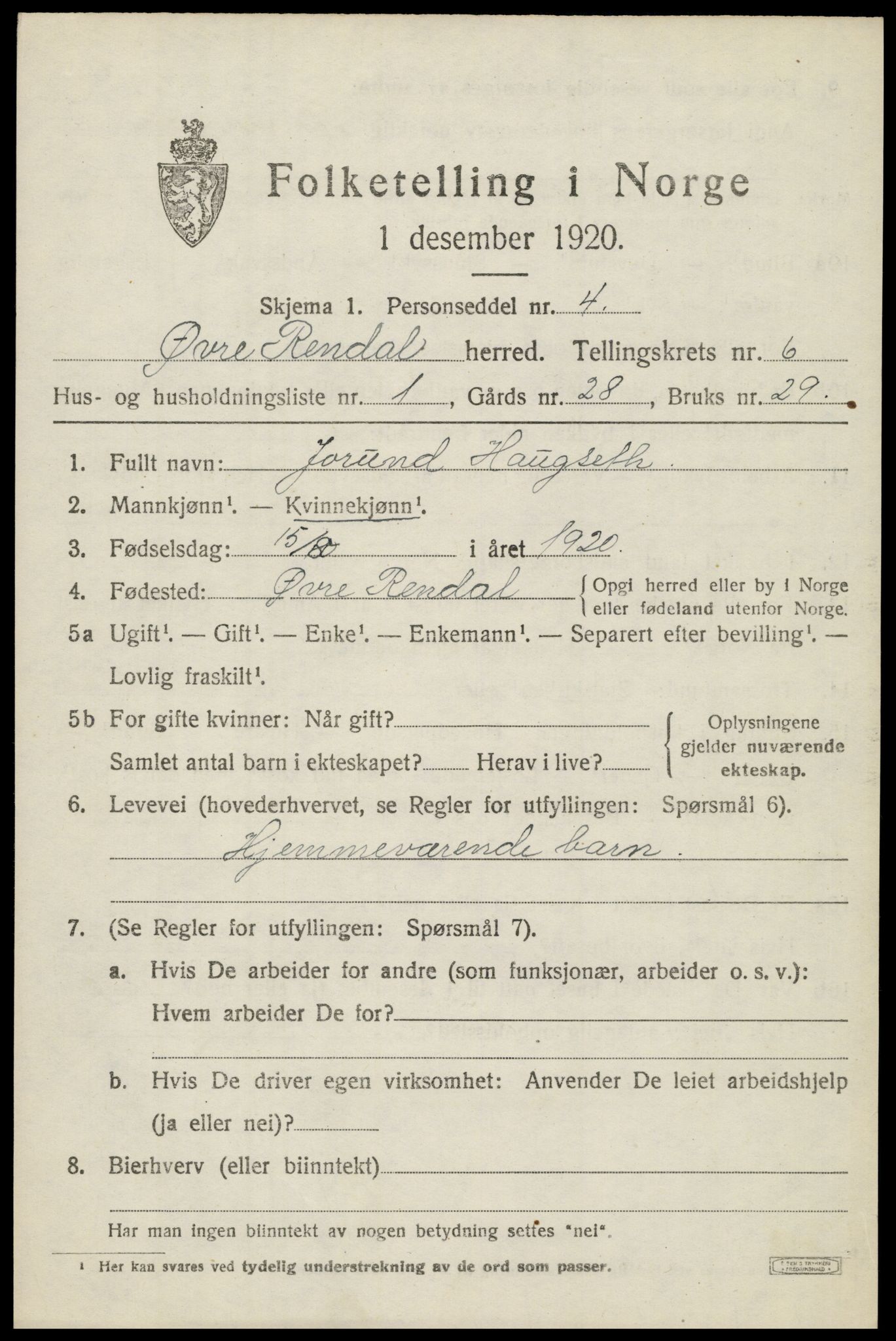 SAH, 1920 census for Øvre Rendal, 1920, p. 2153