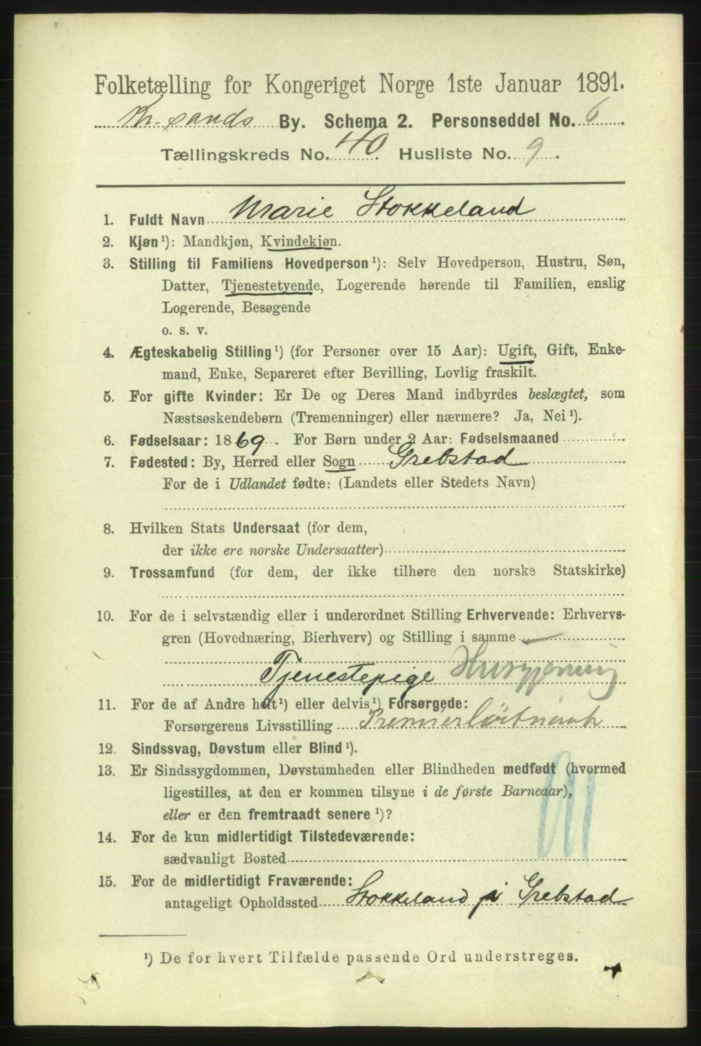 RA, 1891 census for 1001 Kristiansand, 1891, p. 12481