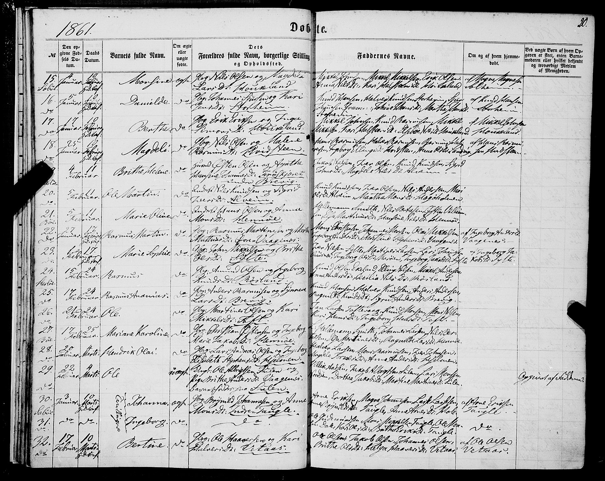 Manger sokneprestembete, AV/SAB-A-76801/H/Haa: Parish register (official) no. A 7, 1860-1870, p. 20