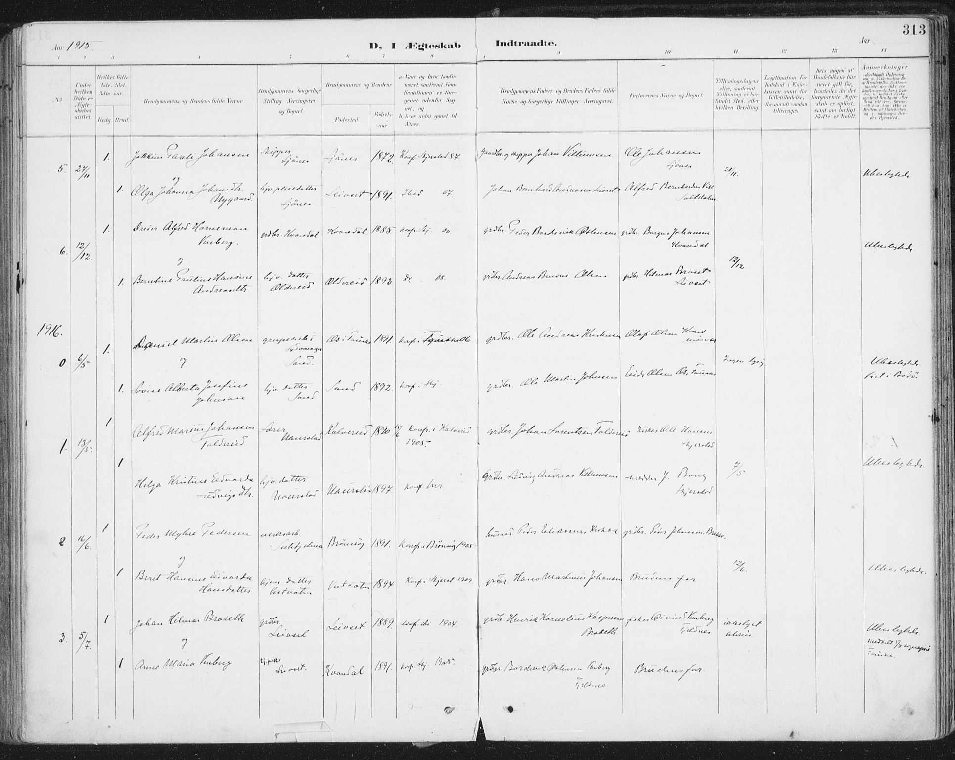 Ministerialprotokoller, klokkerbøker og fødselsregistre - Nordland, SAT/A-1459/852/L0741: Parish register (official) no. 852A11, 1894-1917, p. 313