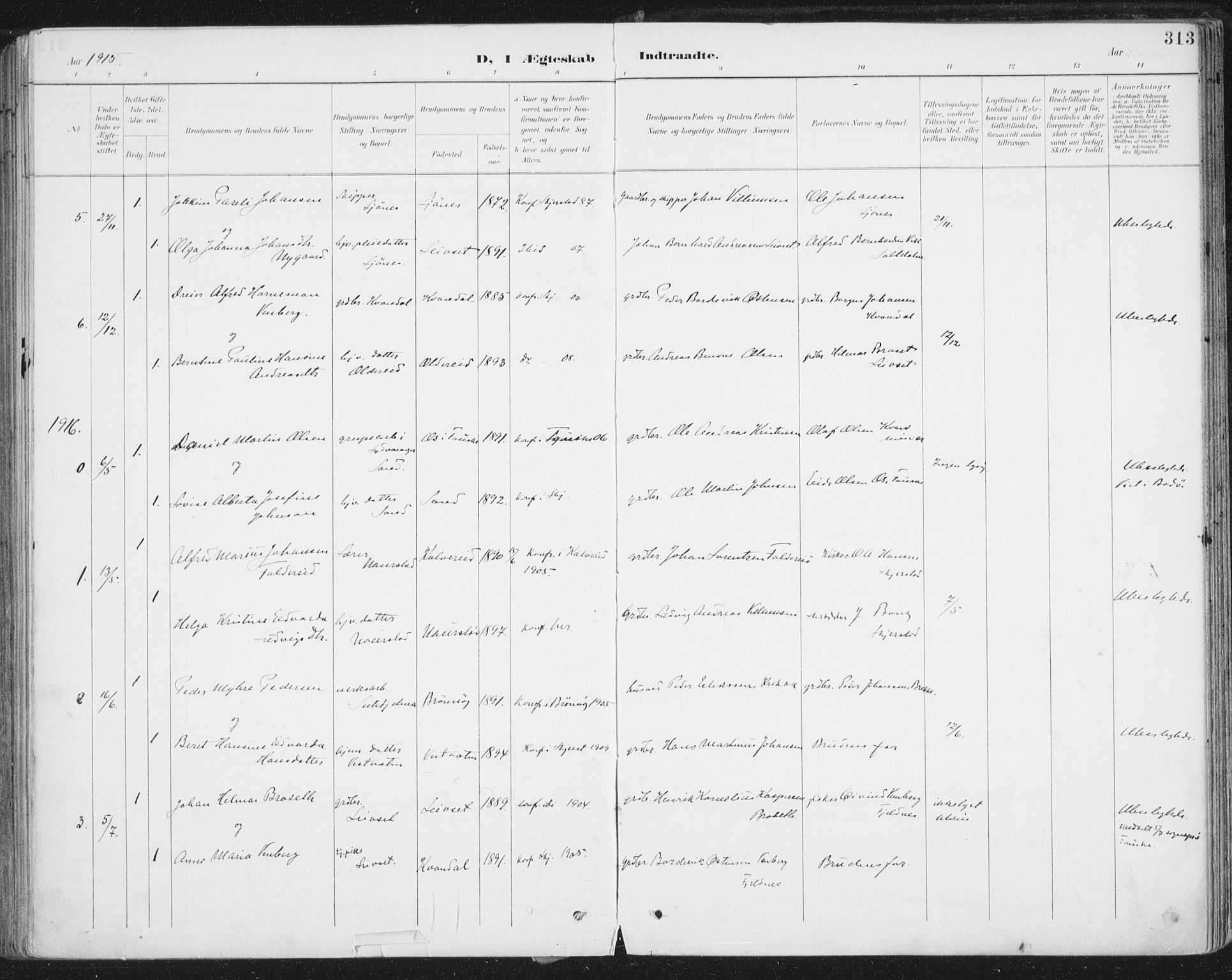 Ministerialprotokoller, klokkerbøker og fødselsregistre - Nordland, AV/SAT-A-1459/852/L0741: Parish register (official) no. 852A11, 1894-1917, p. 313