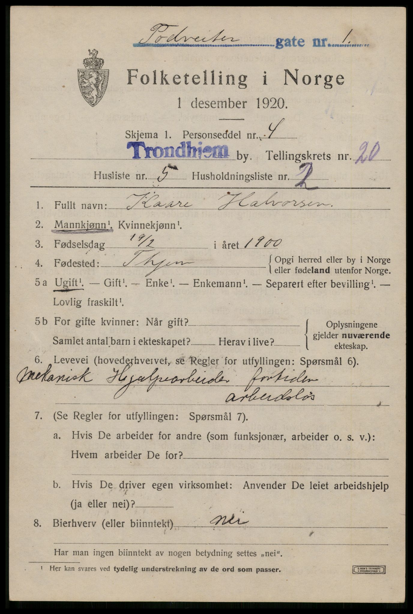 SAT, 1920 census for Trondheim, 1920, p. 59676