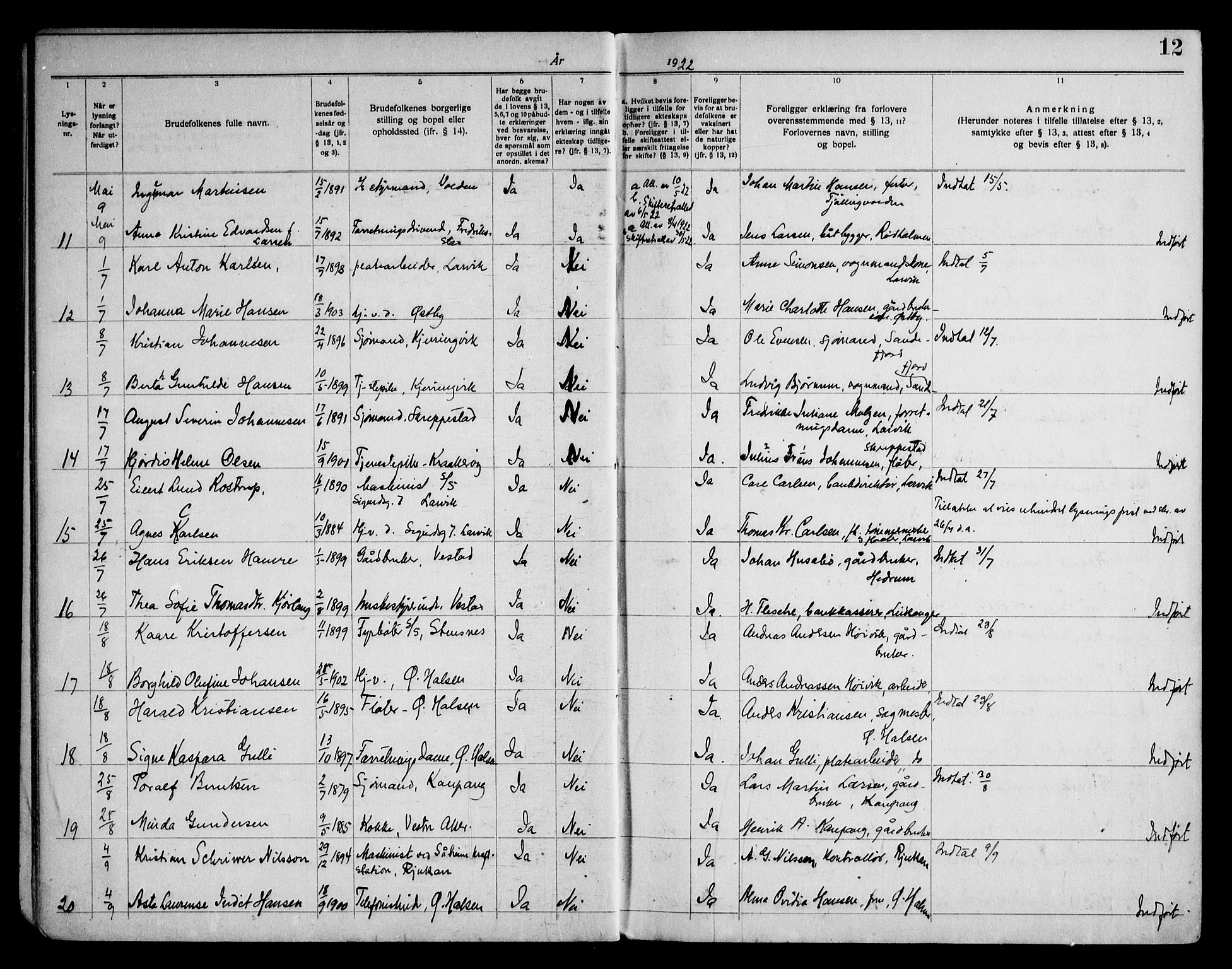 Tjølling kirkebøker, AV/SAKO-A-60/H/Ha/L0001: Banns register no. 1, 1919-1950, p. 12