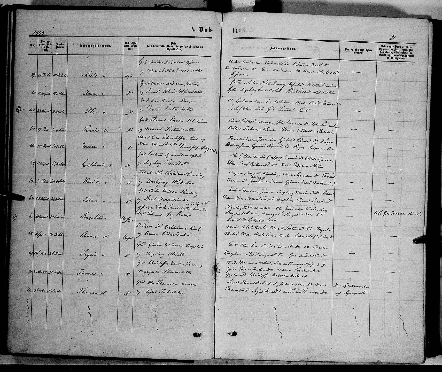 Vang prestekontor, Valdres, SAH/PREST-140/H/Ha/L0007: Parish register (official) no. 7, 1865-1881, p. 21
