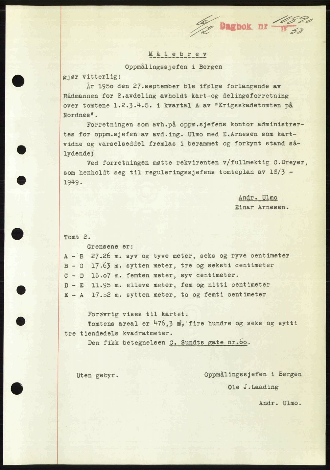 Byfogd og Byskriver i Bergen, SAB/A-3401/03/03Bc/L0034: Mortgage book no. A27-28, 1950-1950, Diary no: : 10890/1950