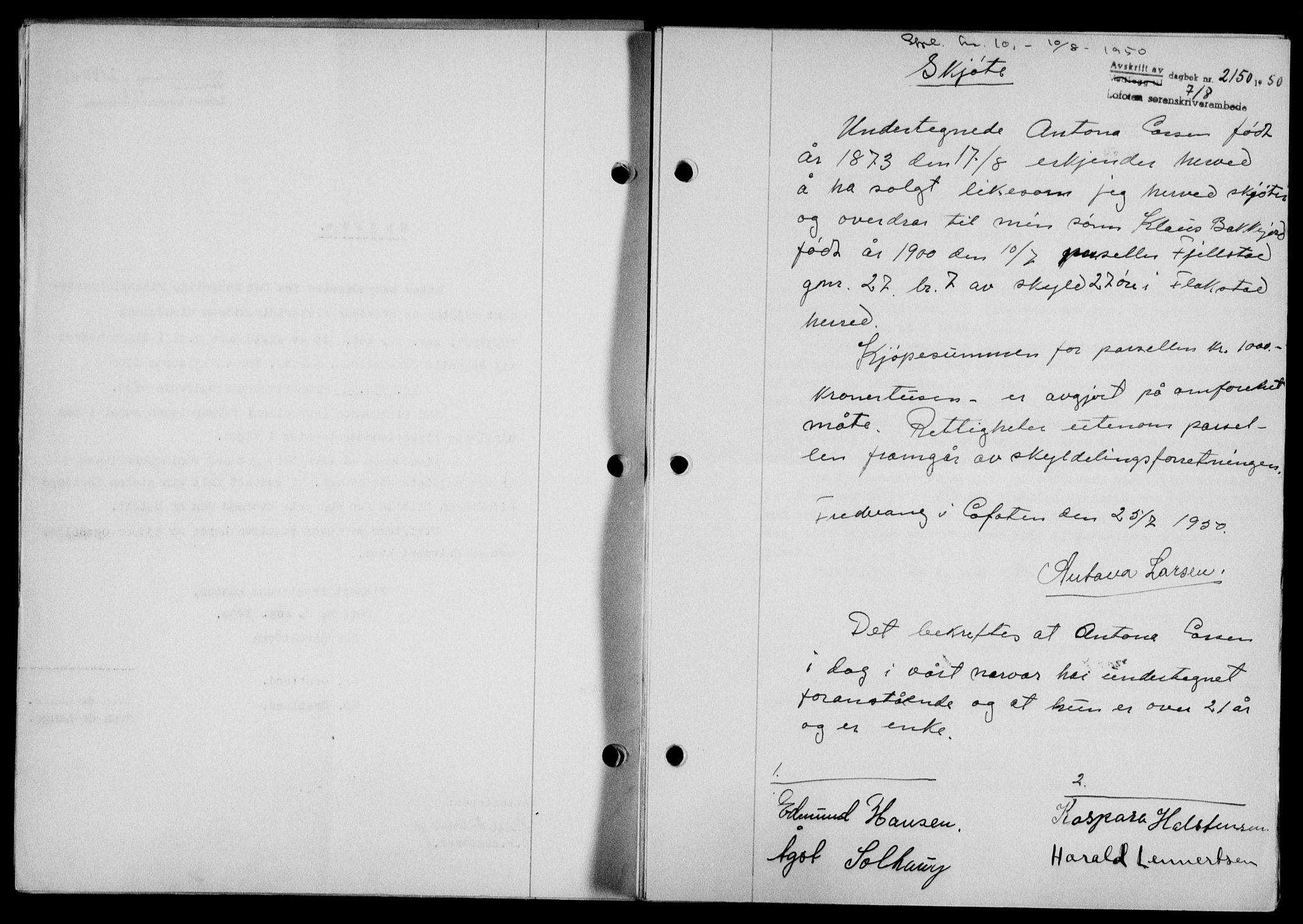 Lofoten sorenskriveri, SAT/A-0017/1/2/2C/L0024a: Mortgage book no. 24a, 1950-1950, Diary no: : 2150/1950