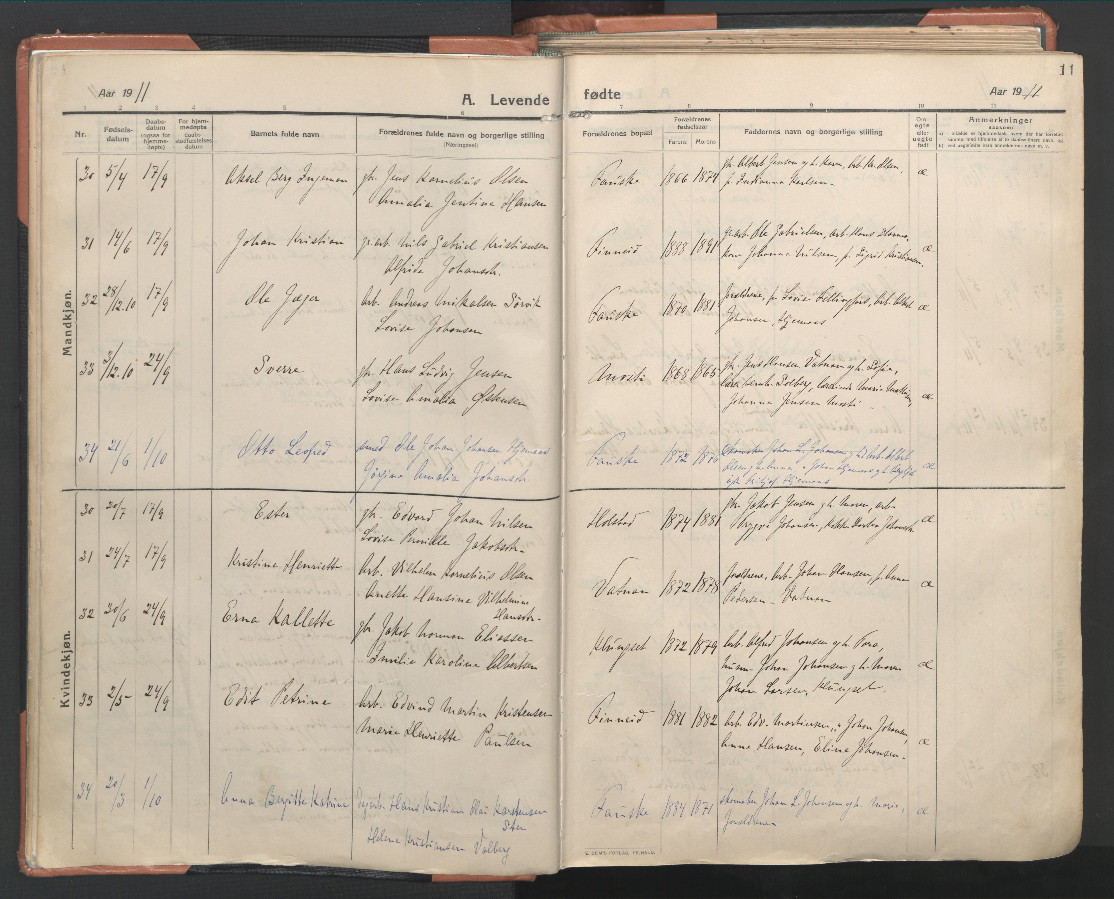 Ministerialprotokoller, klokkerbøker og fødselsregistre - Nordland, AV/SAT-A-1459/849/L0698: Parish register (official) no. 849A09, 1911-1924, p. 11