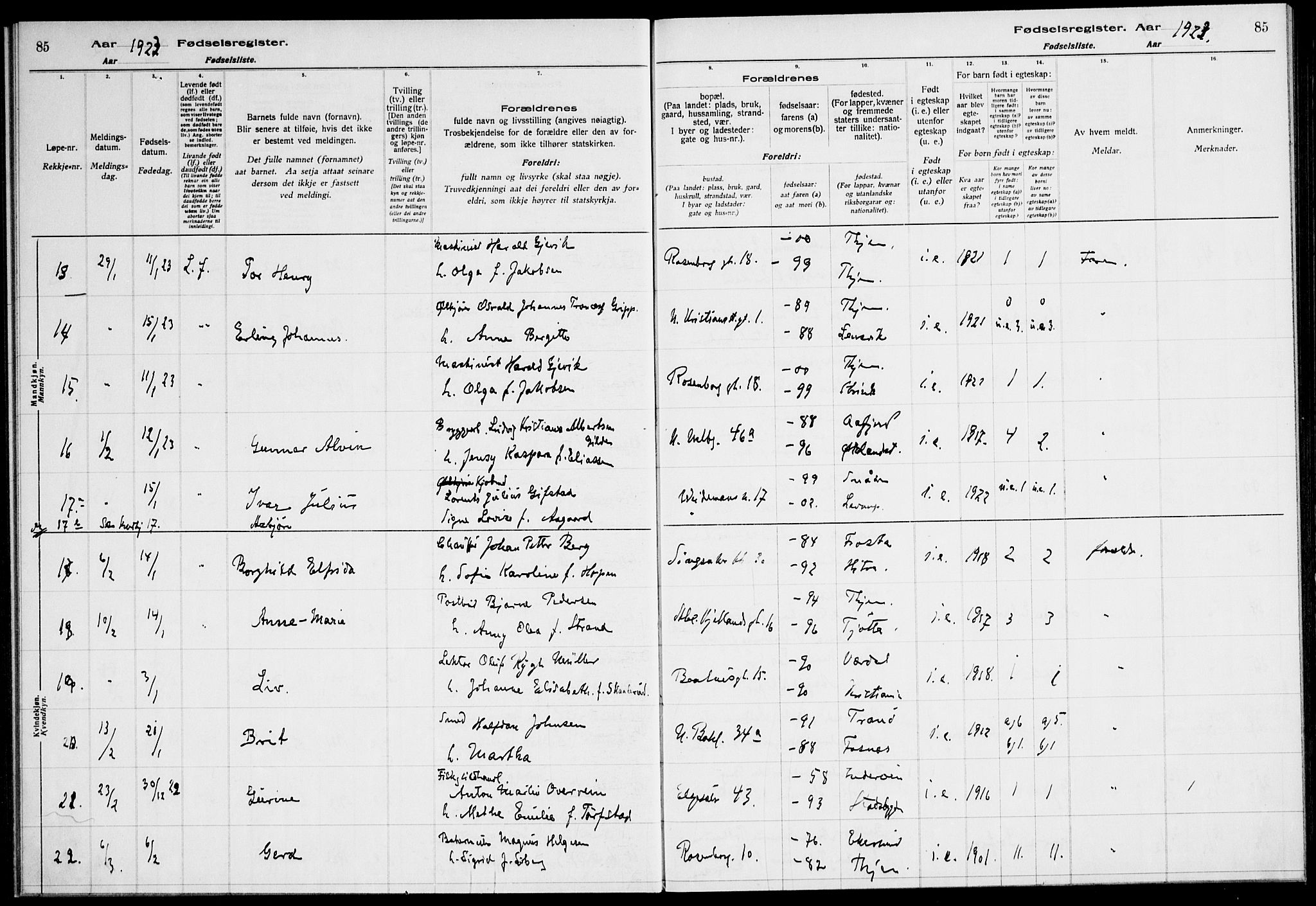 Ministerialprotokoller, klokkerbøker og fødselsregistre - Sør-Trøndelag, AV/SAT-A-1456/604/L0233: Birth register no. 604.II.4.2, 1920-1928, p. 85