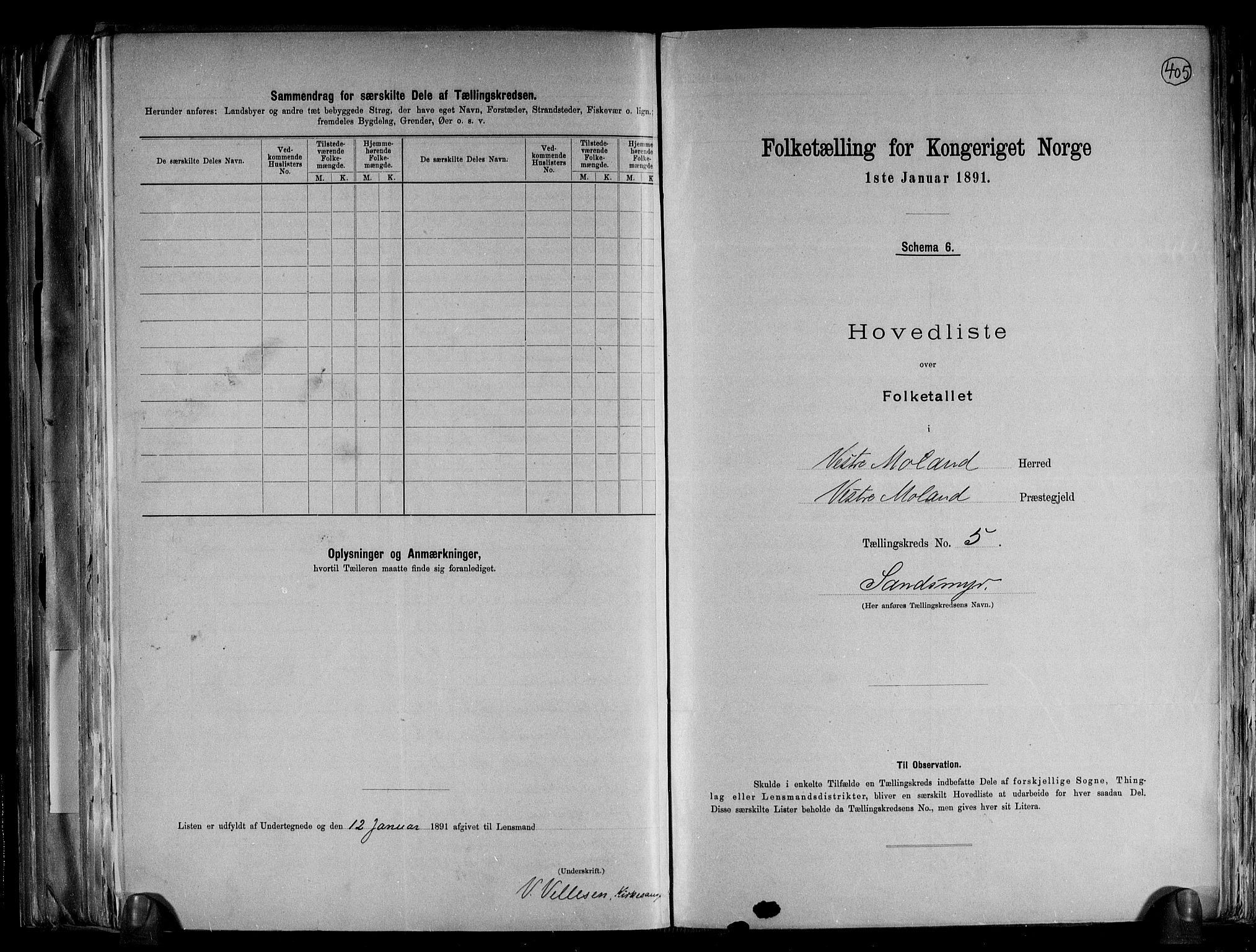 RA, 1891 census for 0926 Vestre Moland, 1891, p. 14