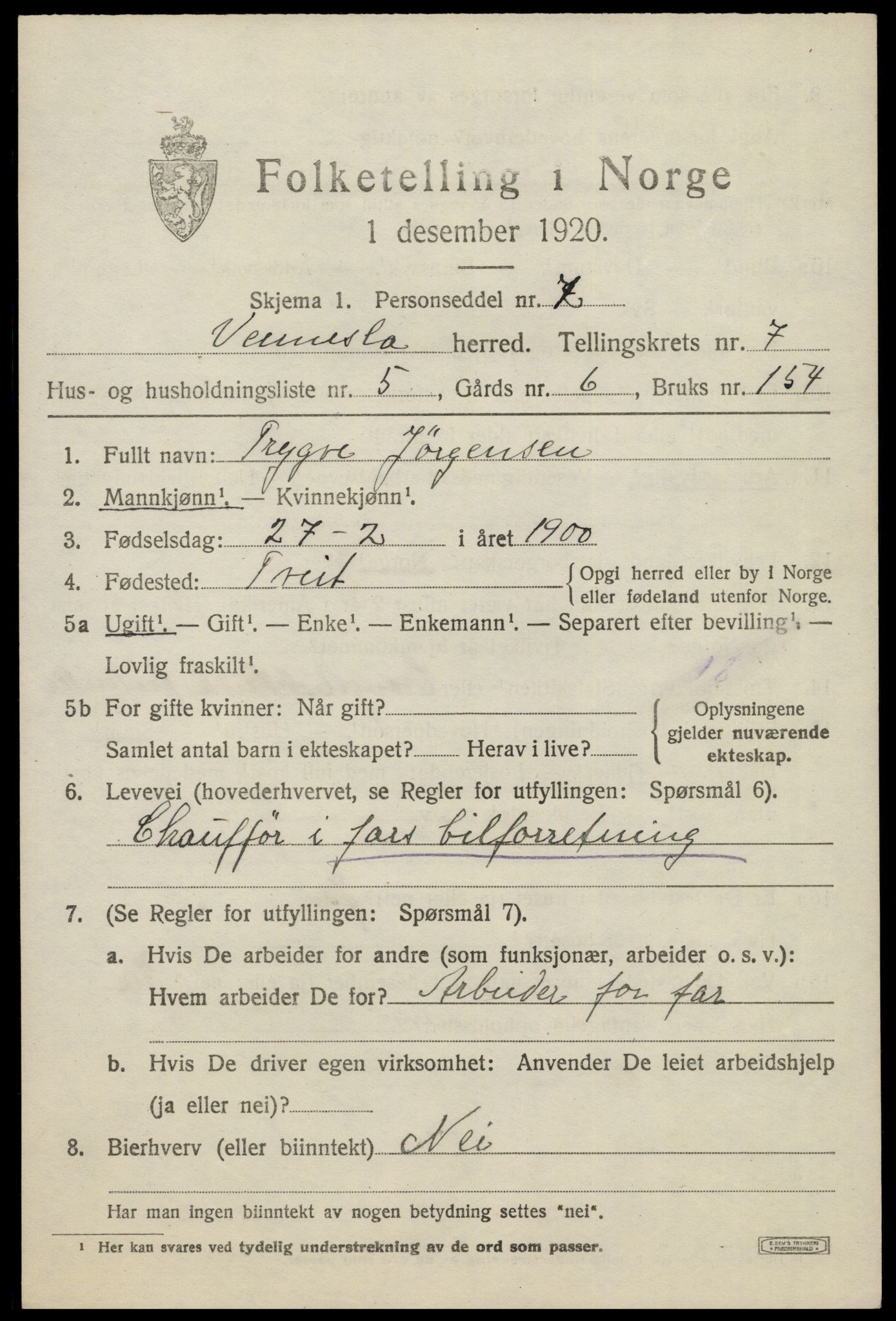 SAK, 1920 census for Vennesla, 1920, p. 4808