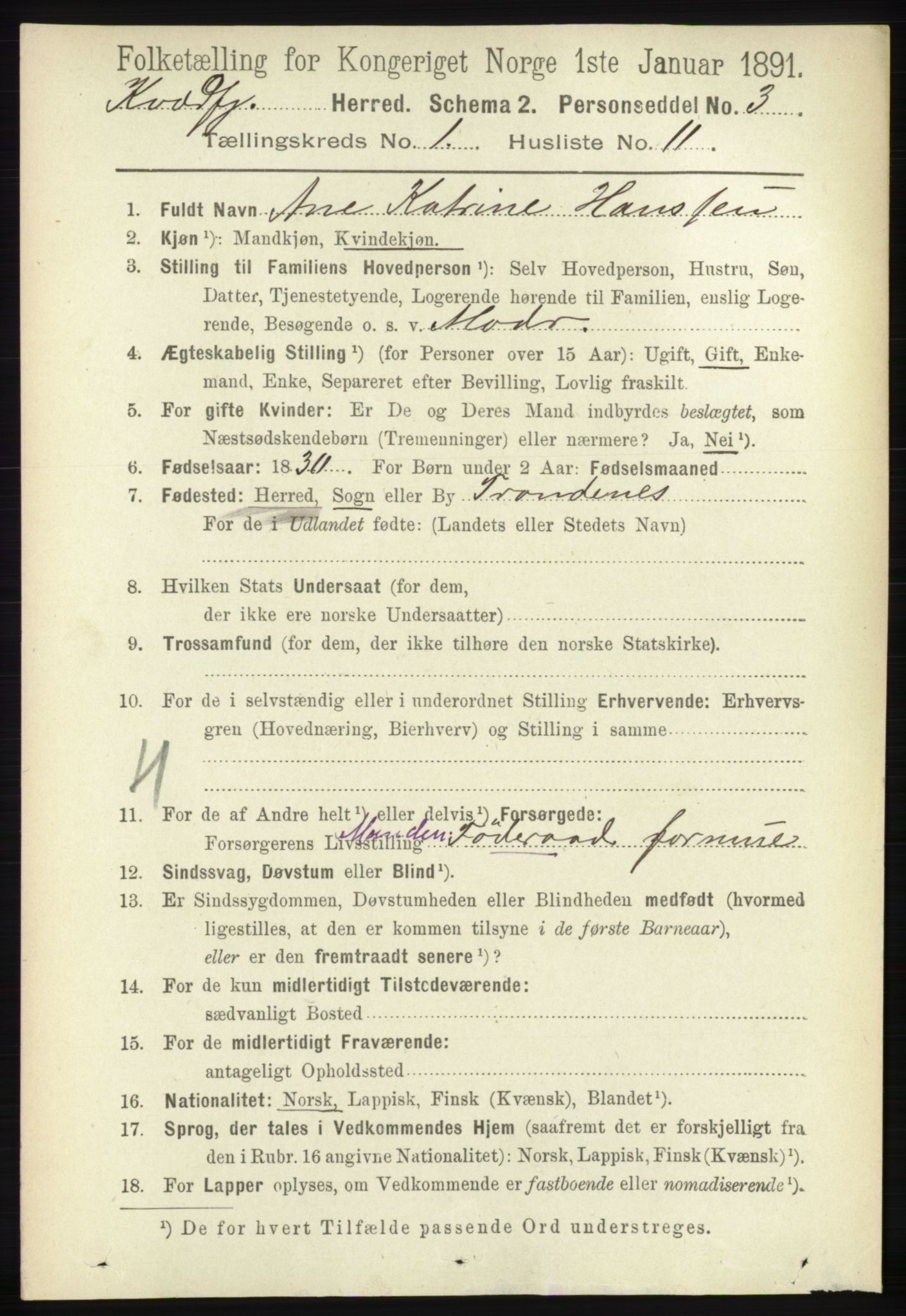 RA, 1891 census for 1911 Kvæfjord, 1891, p. 165