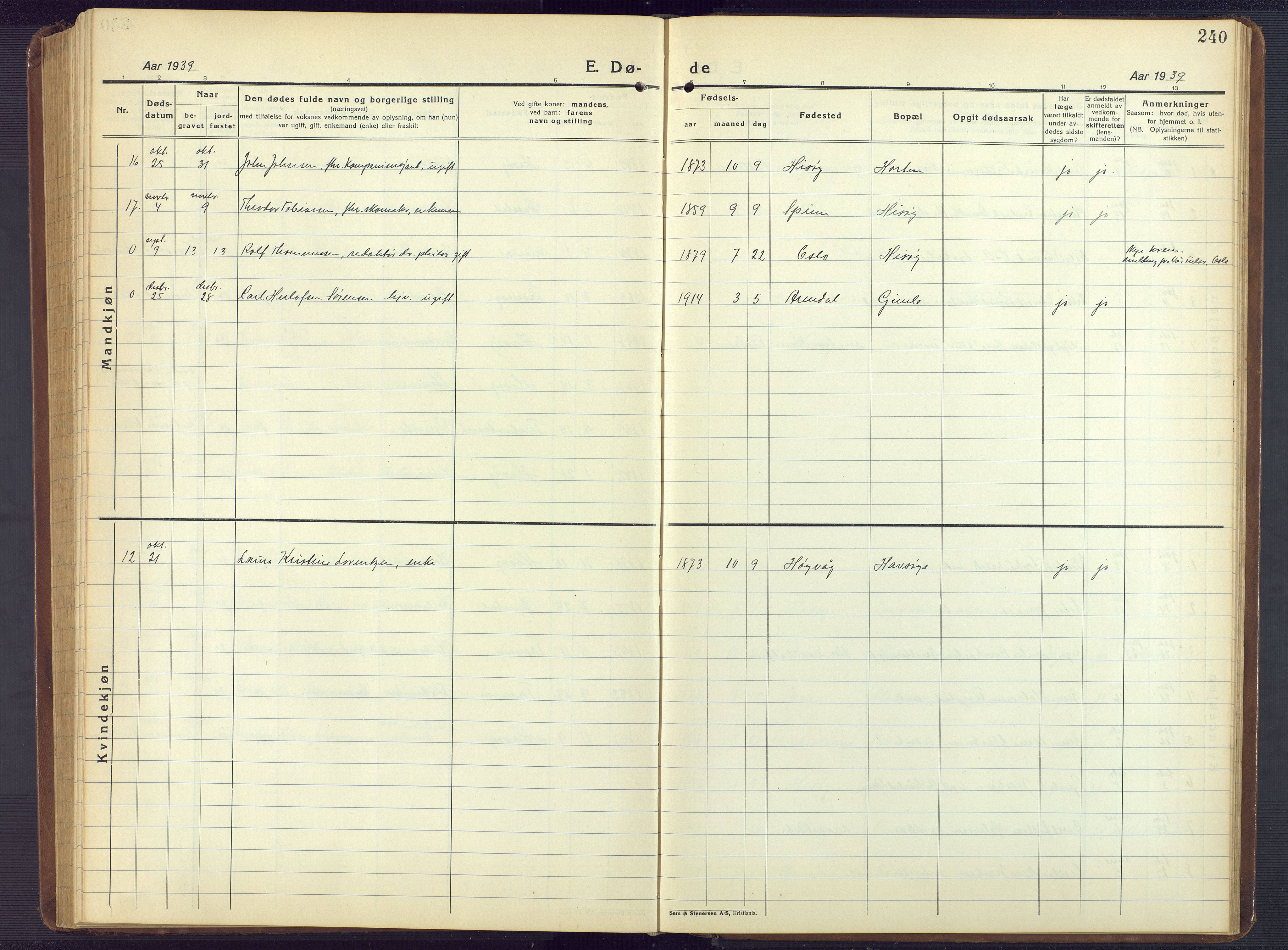 Hisøy sokneprestkontor, AV/SAK-1111-0020/F/Fb/L0005: Parish register (copy) no. B 5, 1924-1946, p. 240