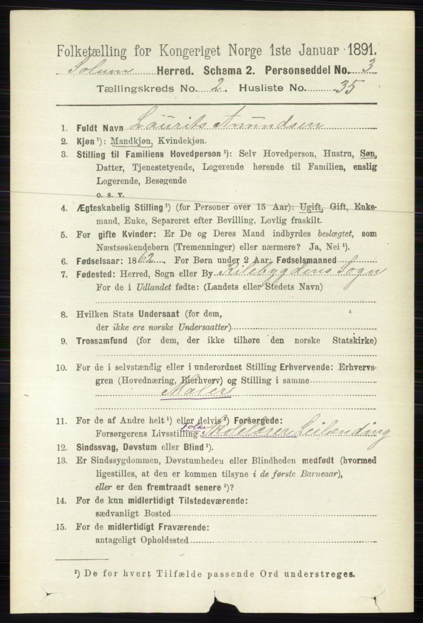 RA, 1891 census for 0818 Solum, 1891, p. 291