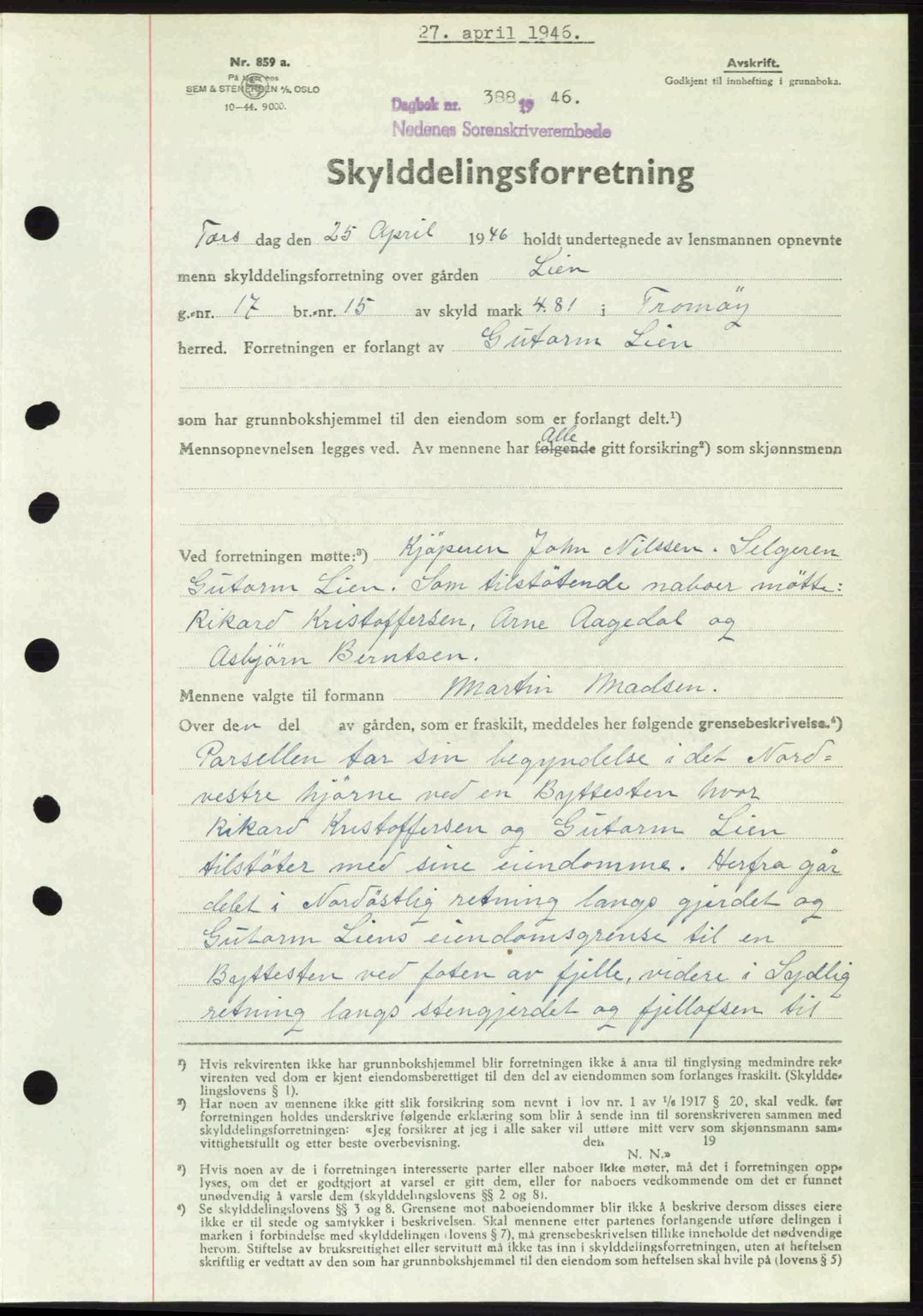 Nedenes sorenskriveri, SAK/1221-0006/G/Gb/Gba/L0054: Mortgage book no. A6c, 1946-1946, Diary no: : 388/1946