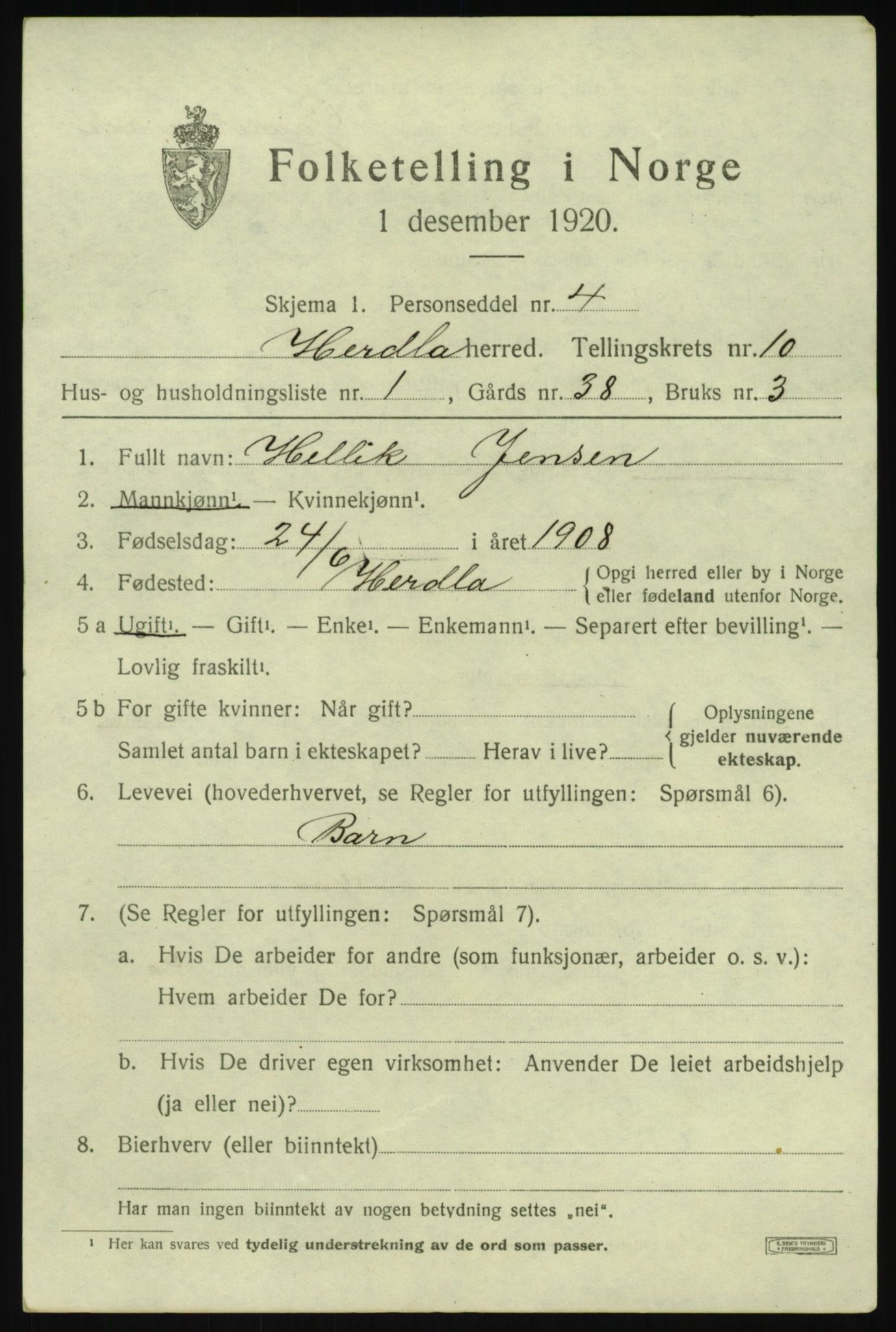 SAB, 1920 census for Herdla, 1920, p. 7197