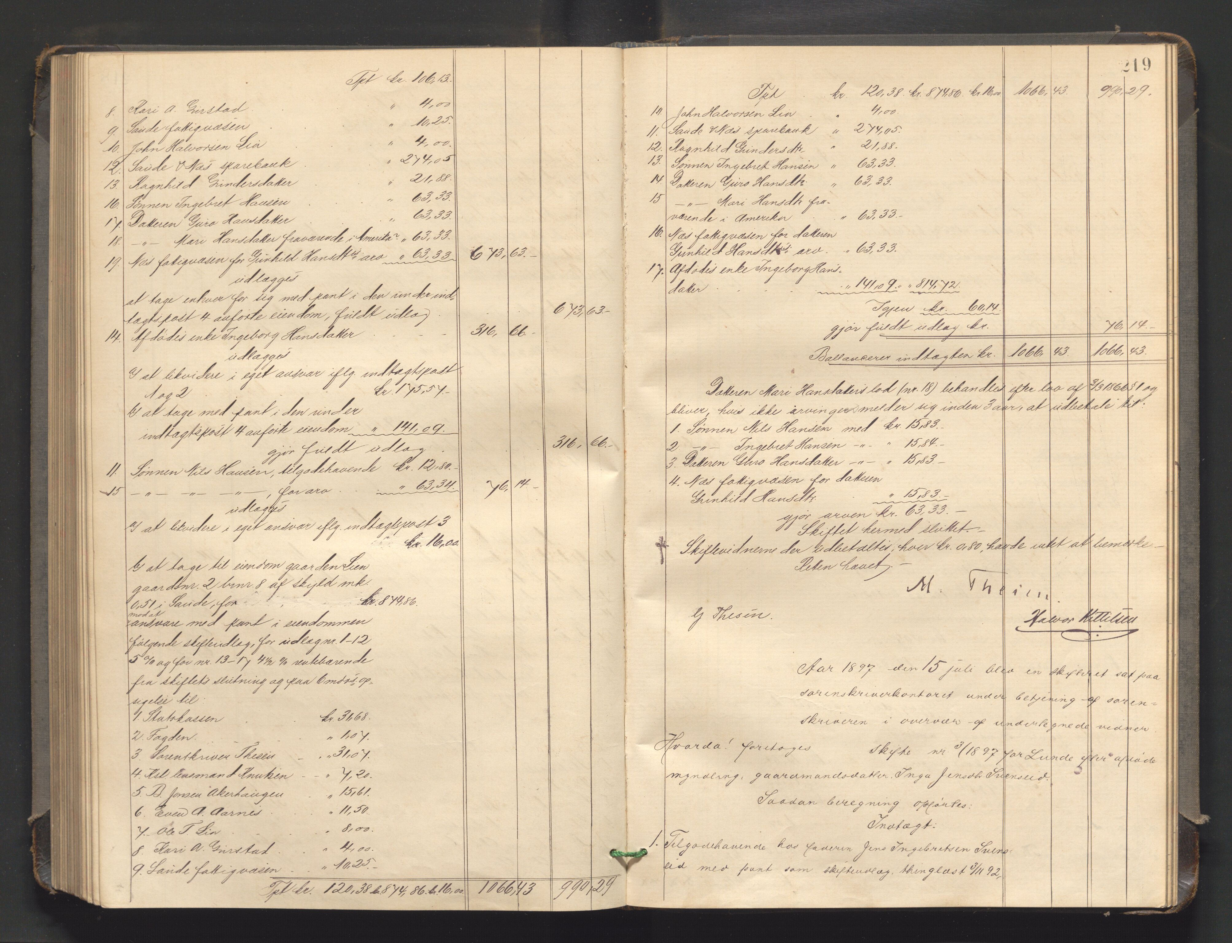 Nedre Telemark sorenskriveri, AV/SAKO-A-135/H/Hb/Hbe/L0004: Skifteutlodningsprotokoll, 1892-1898, p. 218b-219a