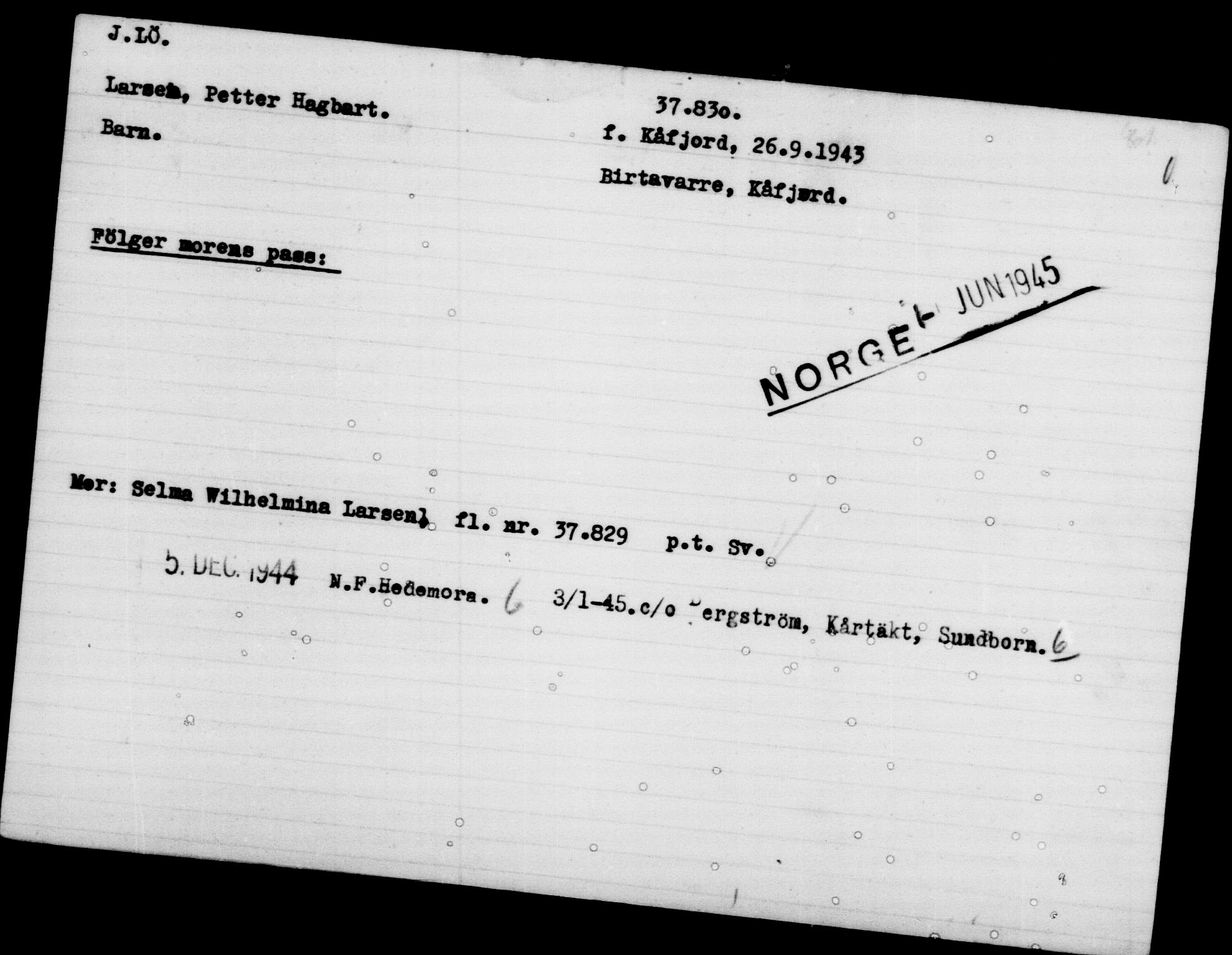 Utenriksstasjonene, Legasjonen i Stockholm, Flyktningkontoret, AV/RA-S-6753/V/Va/L0015: Kjesäterkartoteket, flyktninger med registreringsnr. 37800-40770, 1940-1945, p. 32