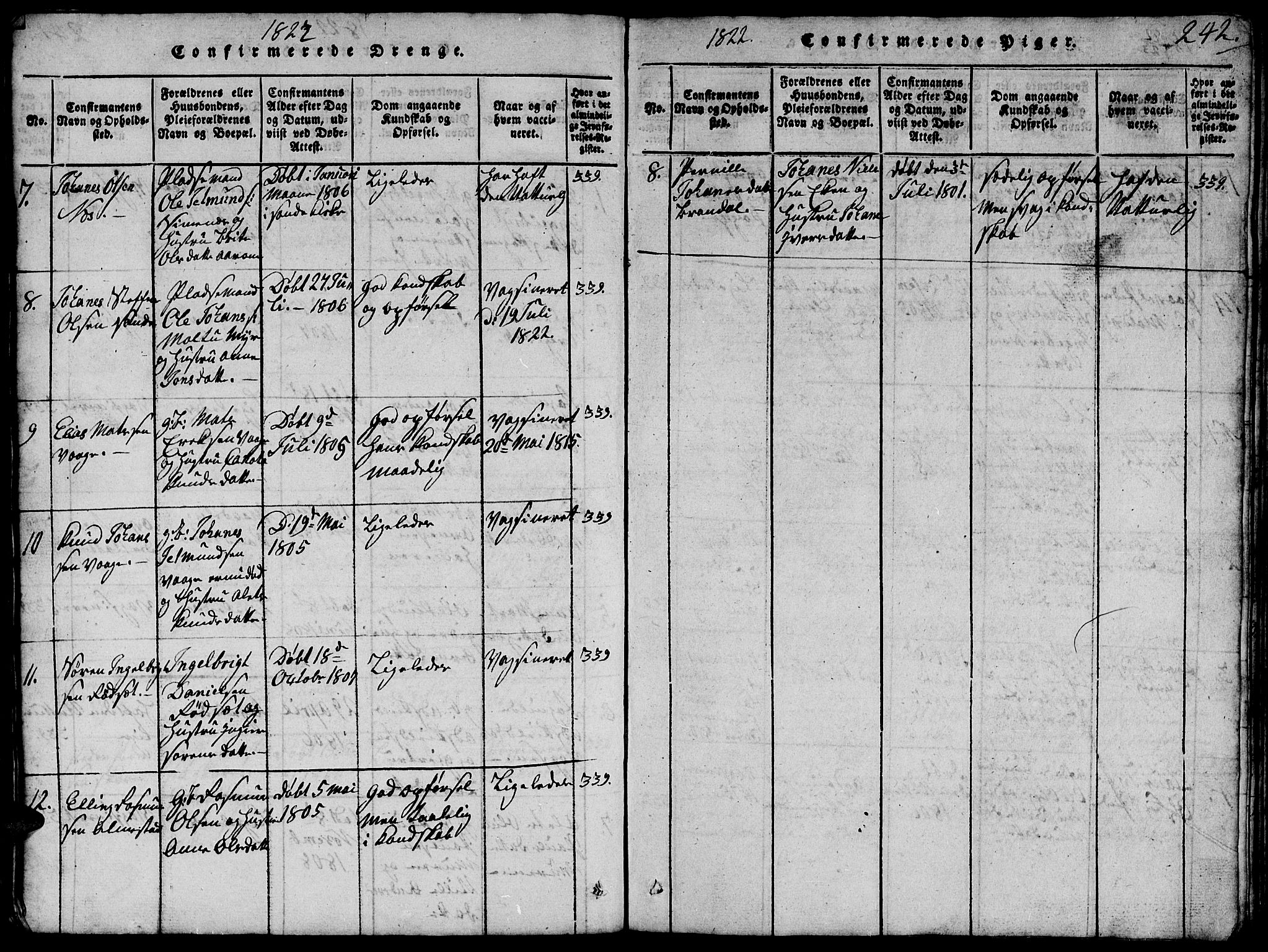 Ministerialprotokoller, klokkerbøker og fødselsregistre - Møre og Romsdal, SAT/A-1454/503/L0046: Parish register (copy) no. 503C01, 1816-1842, p. 242