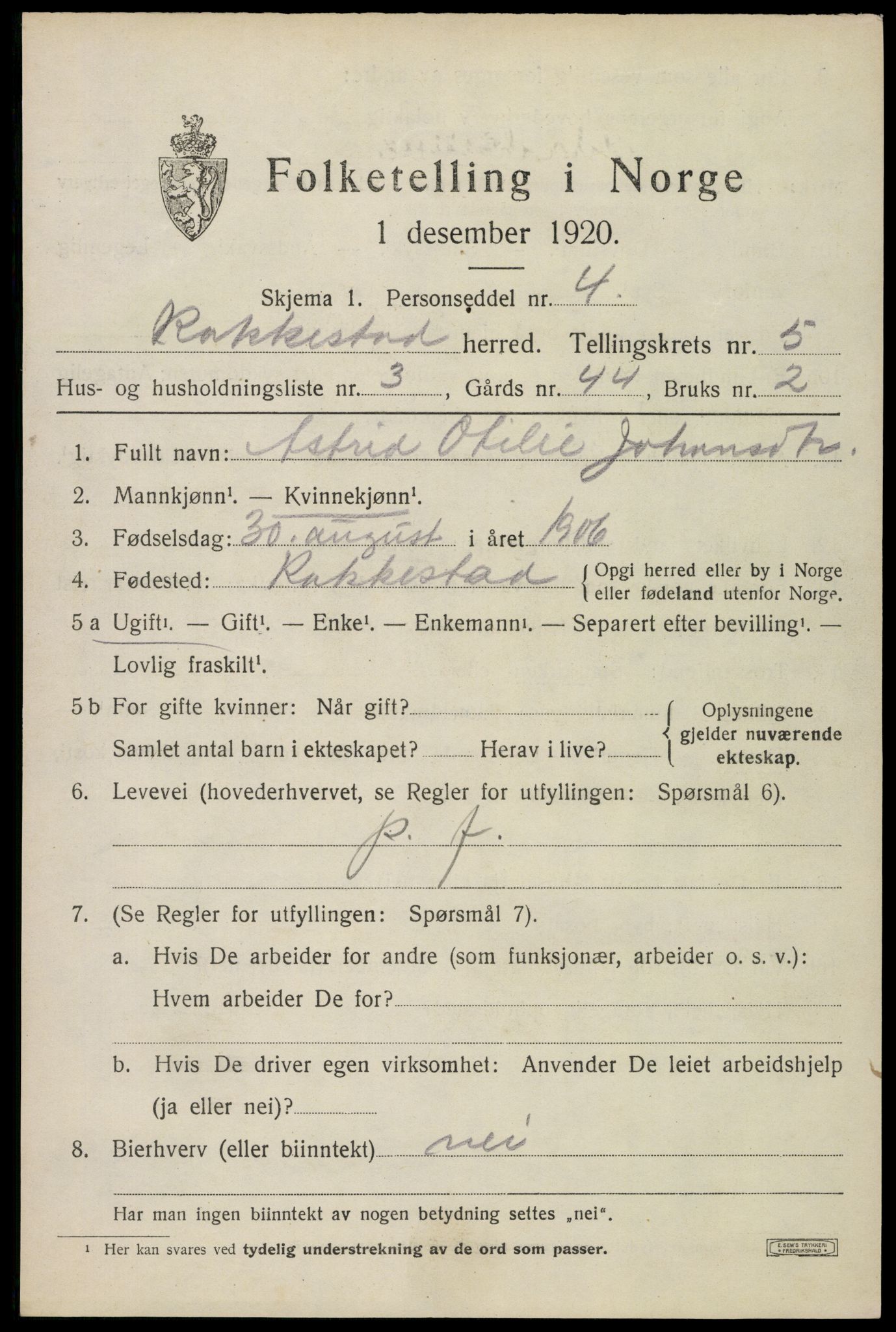 SAO, 1920 census for Rakkestad, 1920, p. 6027