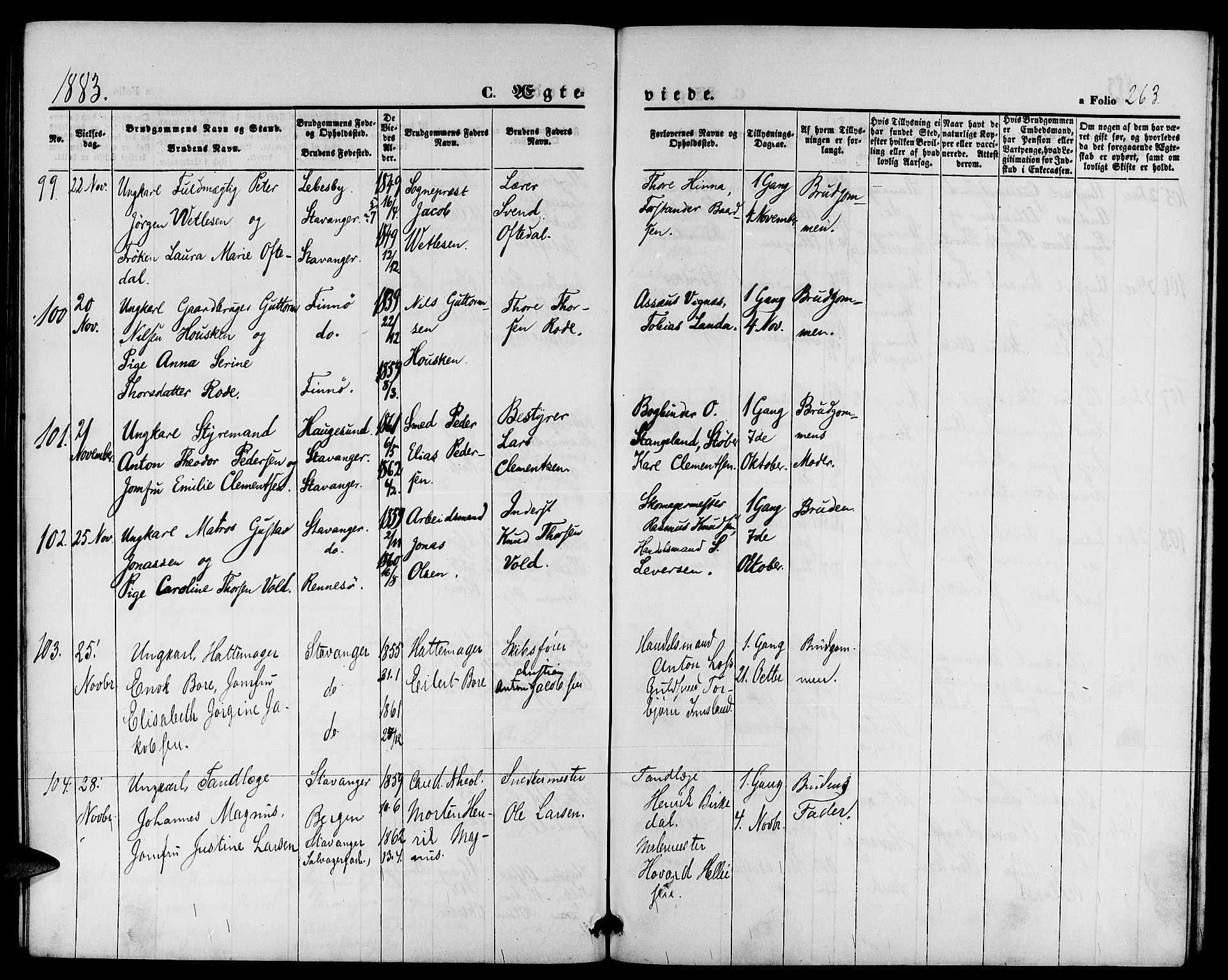 St. Petri sokneprestkontor, AV/SAST-A-101813/001/30/30BB/L0002: Parish register (copy) no. B 2, 1865-1885, p. 263