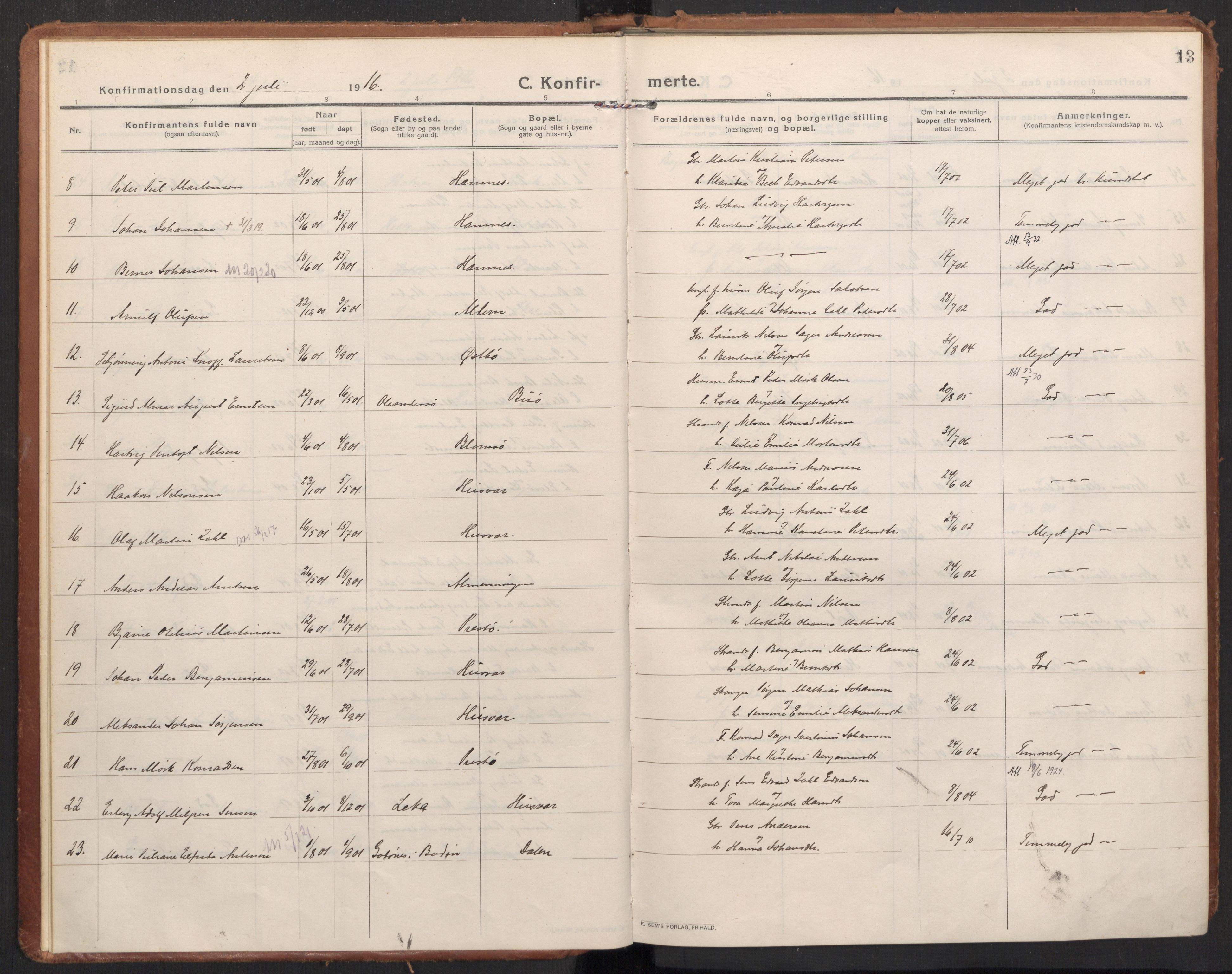 Ministerialprotokoller, klokkerbøker og fødselsregistre - Nordland, SAT/A-1459/830/L0456: Parish register (official) no. 830A20, 1914-1937, p. 13