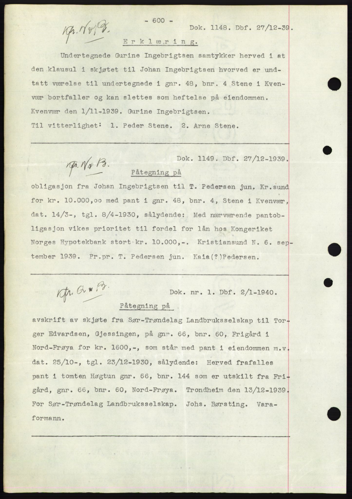 Hitra sorenskriveri, AV/SAT-A-0018/2/2C/2Ca: Mortgage book no. C1, 1936-1945, Diary no: : 1148/1939