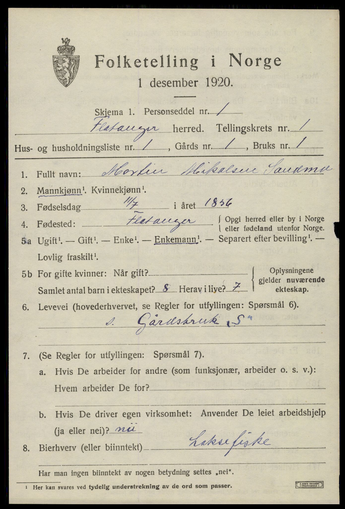 SAT, 1920 census for Flatanger, 1920, p. 684