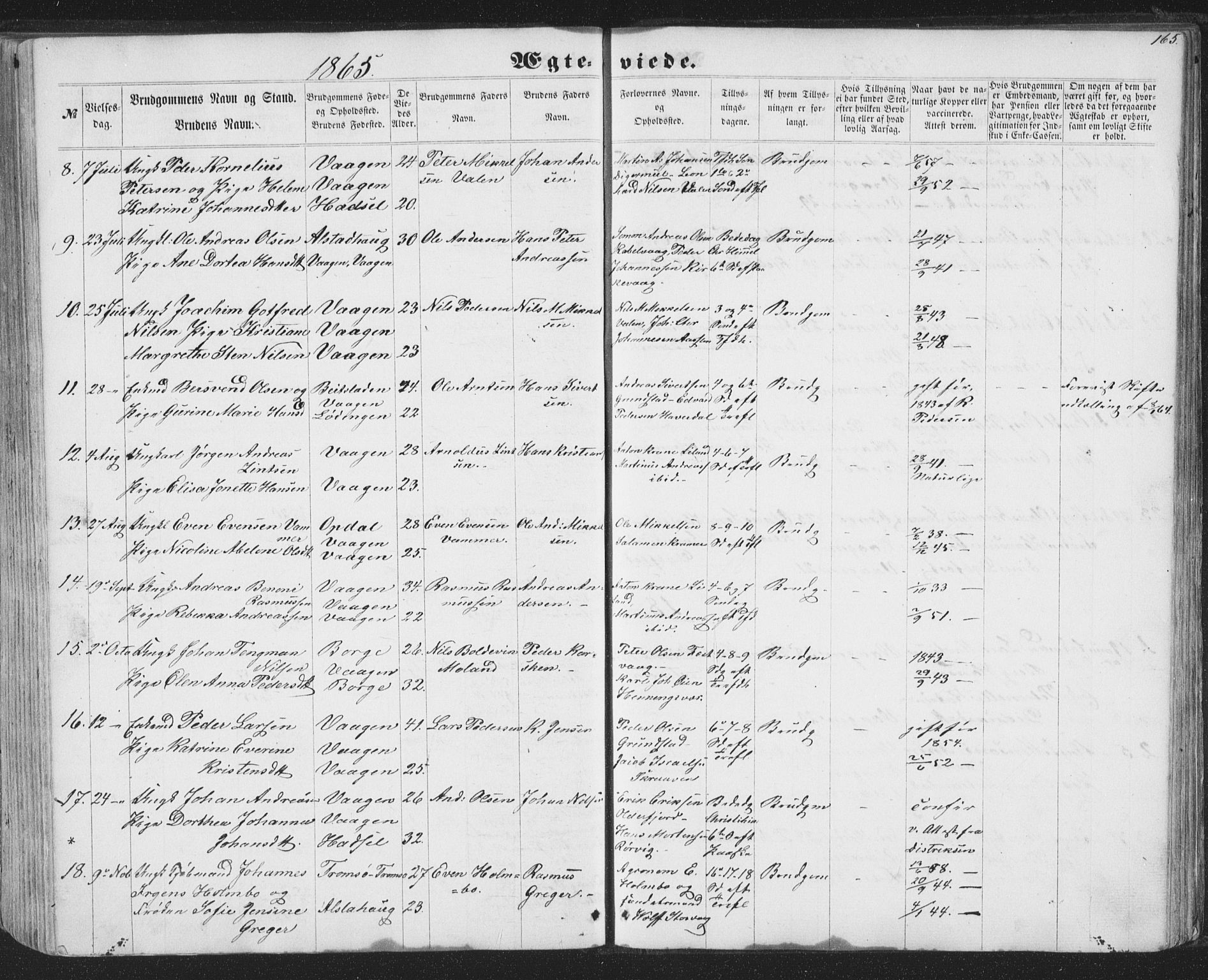 Ministerialprotokoller, klokkerbøker og fødselsregistre - Nordland, AV/SAT-A-1459/874/L1073: Parish register (copy) no. 874C02, 1860-1870, p. 165