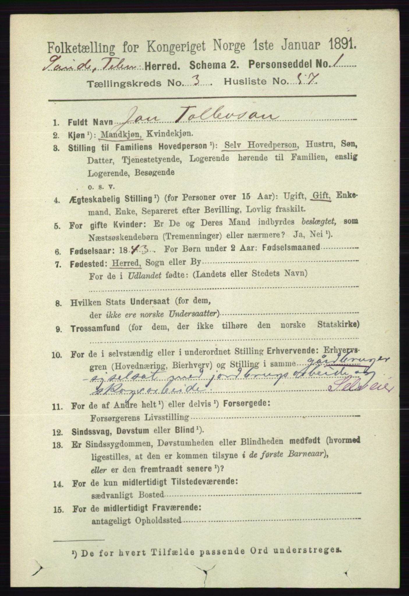 RA, 1891 census for 0822 Sauherad, 1891, p. 1037