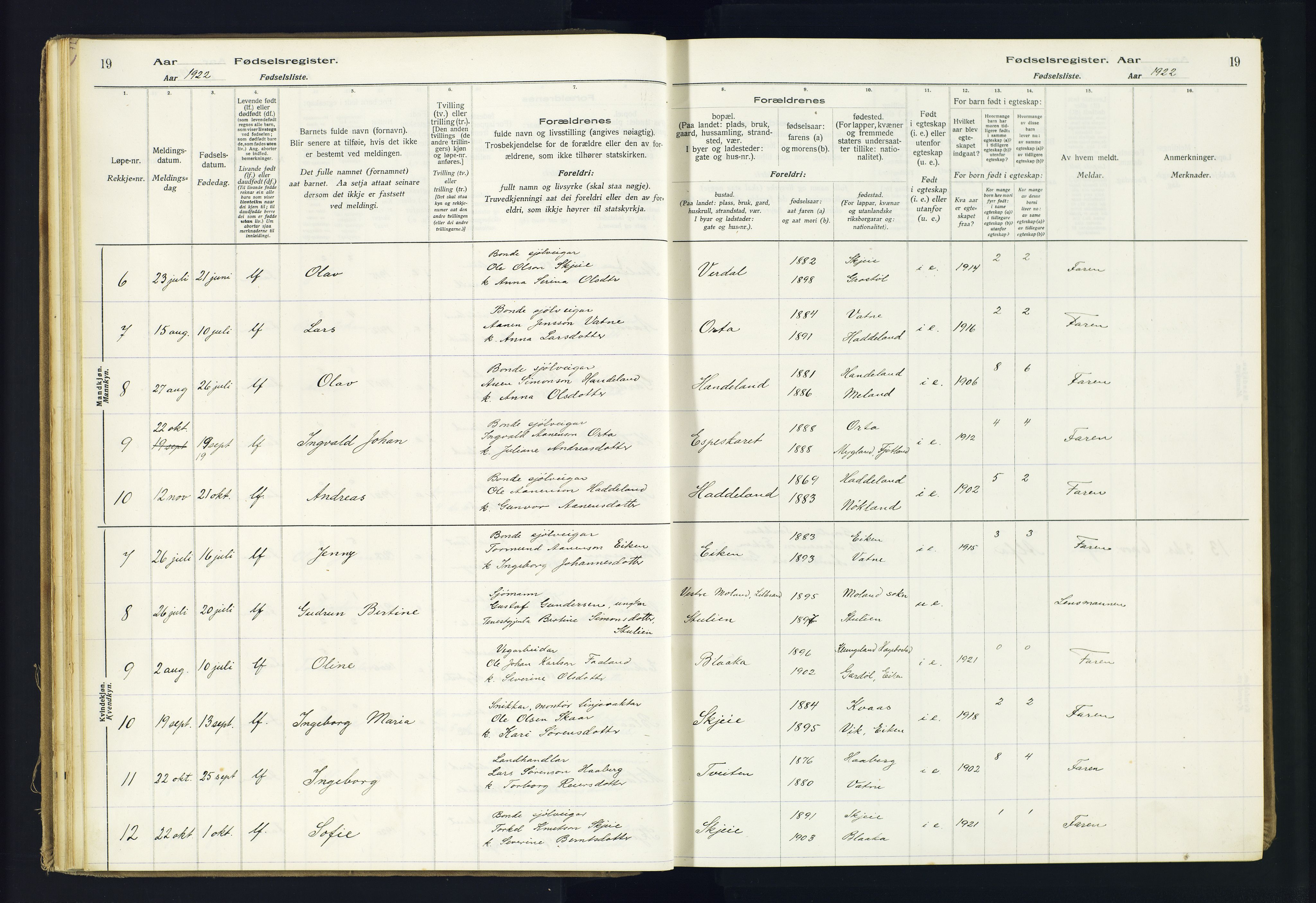 Hægebostad sokneprestkontor, SAK/1111-0024/J/Ja/L0002: Birth register no. II.6.8, 1916-1982, p. 19