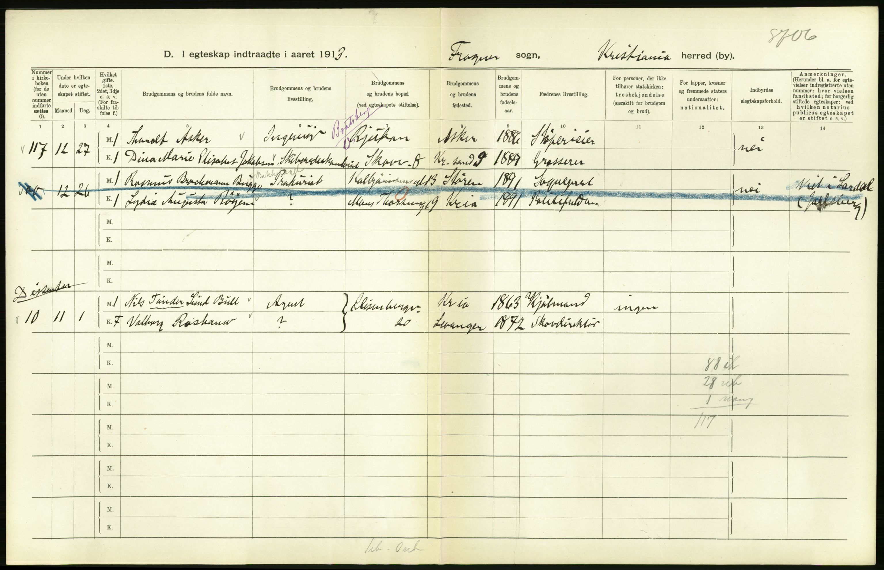 Statistisk sentralbyrå, Sosiodemografiske emner, Befolkning, AV/RA-S-2228/D/Df/Dfb/Dfbc/L0008: Kristiania: Gifte., 1913, p. 542