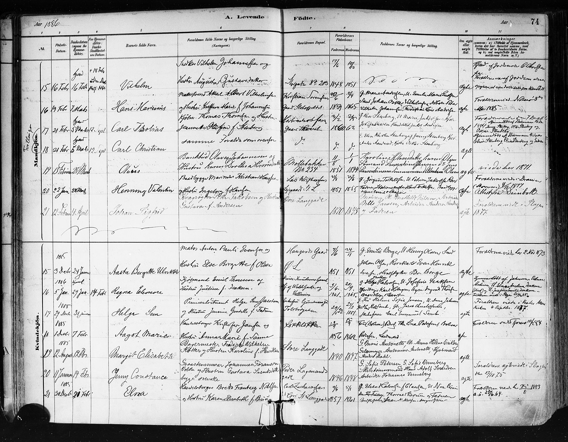 Tønsberg kirkebøker, AV/SAKO-A-330/F/Fa/L0011: Parish register (official) no. I 11, 1881-1890, p. 74