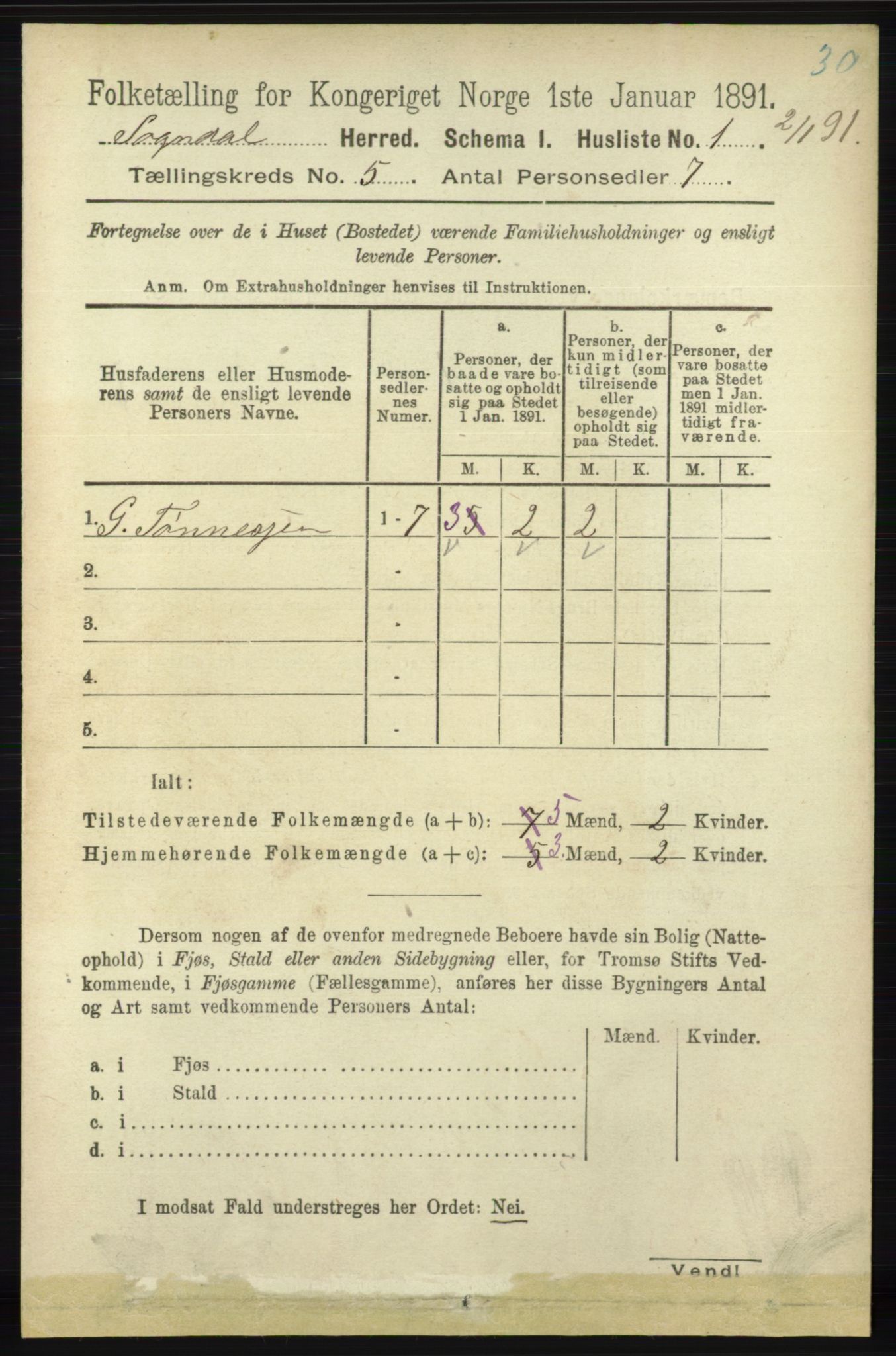 RA, 1891 census for 1111 Sokndal, 1891, p. 1276
