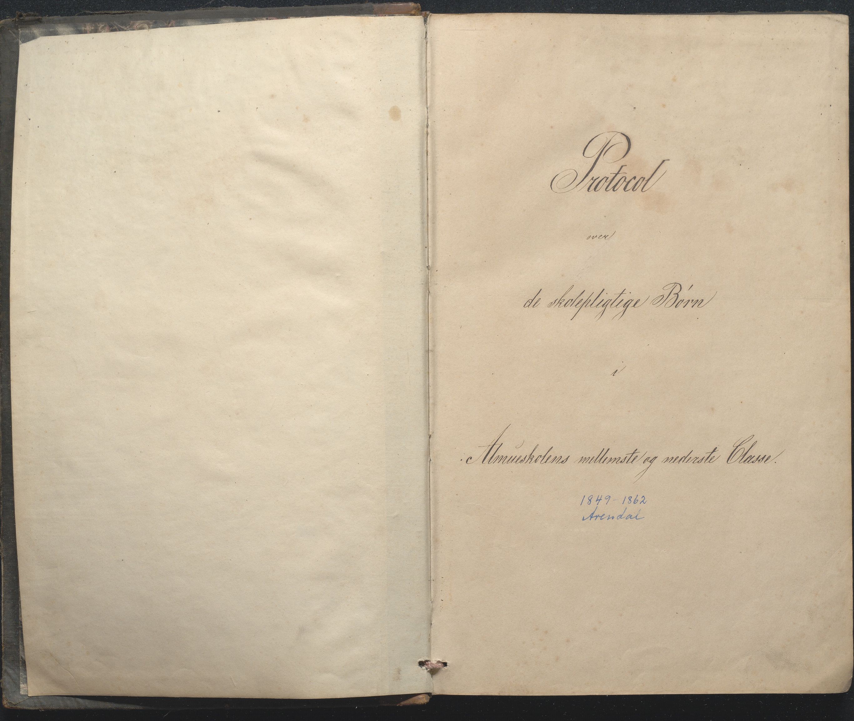 Arendal kommune, Katalog I, AAKS/KA0906-PK-I/07/L0033: "Protokoll over de skolepliktige børn i Almueskolens mellemste og nederste cklasse", 1849-1862